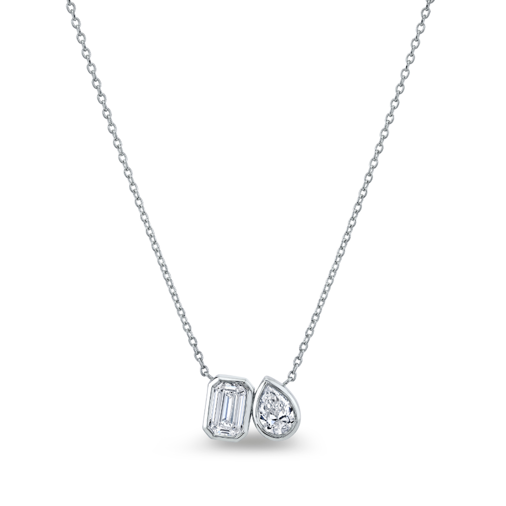 2 Stone Emerald Cut and Heart Shape Pendant with Cable Chain