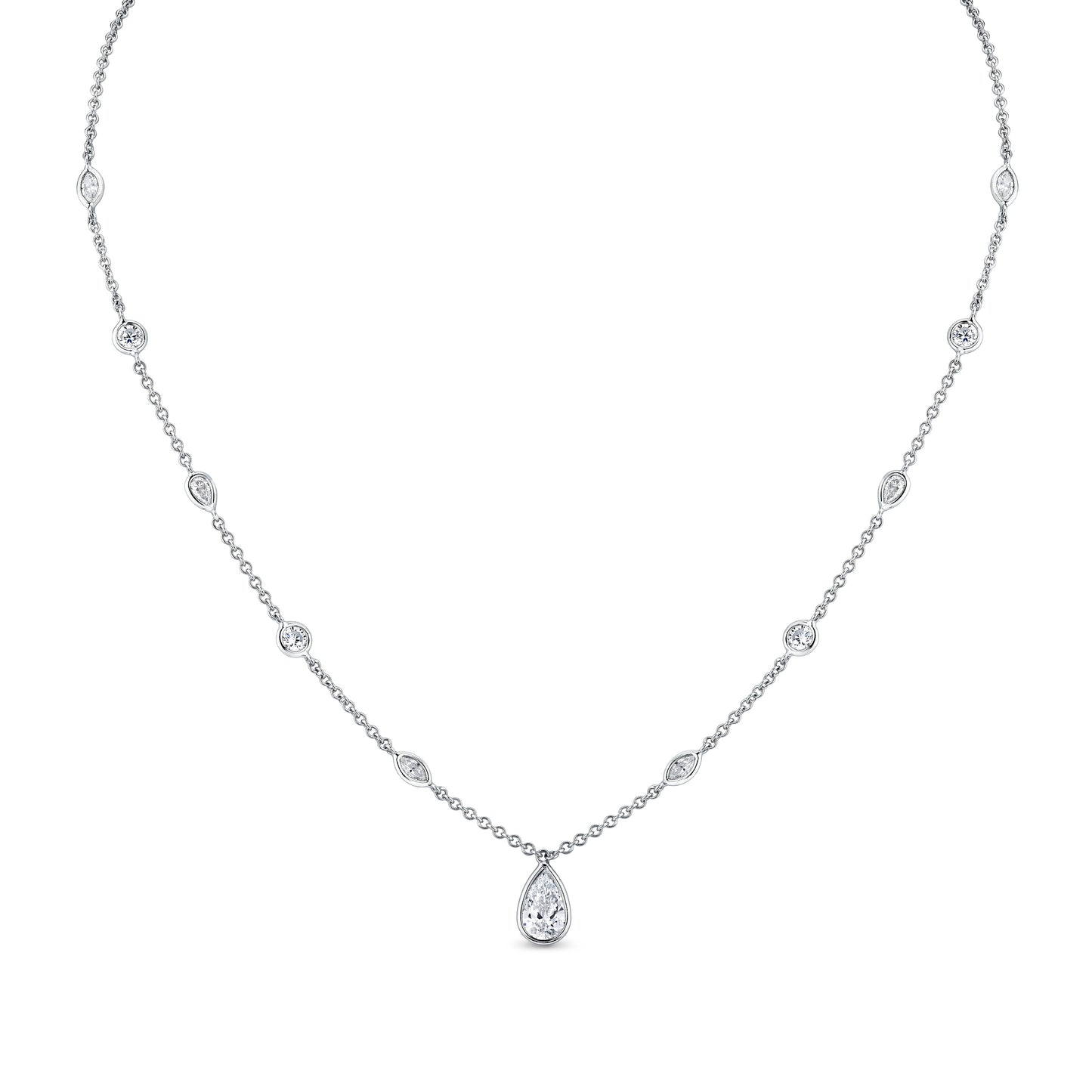 Station Necklace with Pear Shape Diamond Pendant