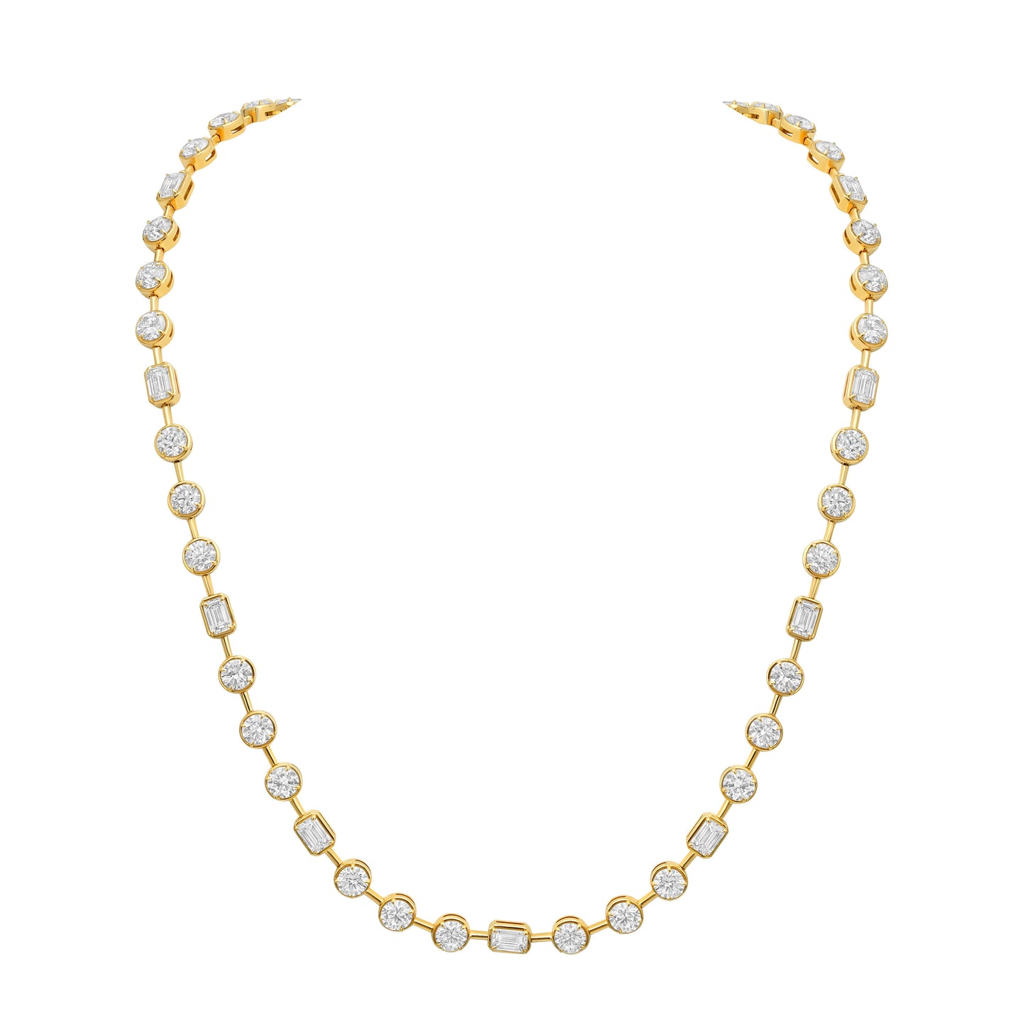 Bezel Set Emerald and Round Diamond Bar Necklace
