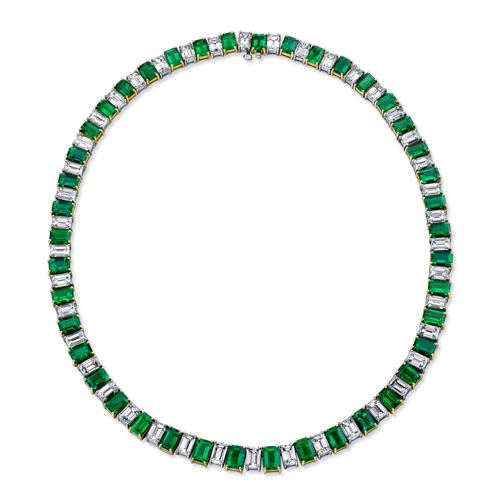 Alternating Emerald Cut Diamond and Emerald Tennis Necklace