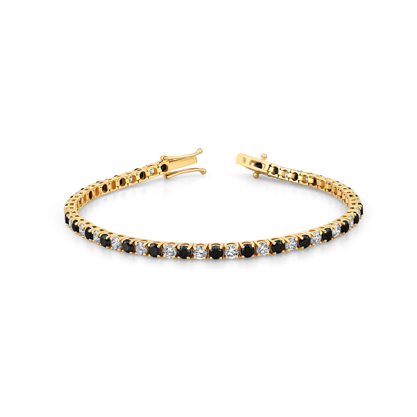 Gold tennis bracelet with black gemstones and white diamonds.