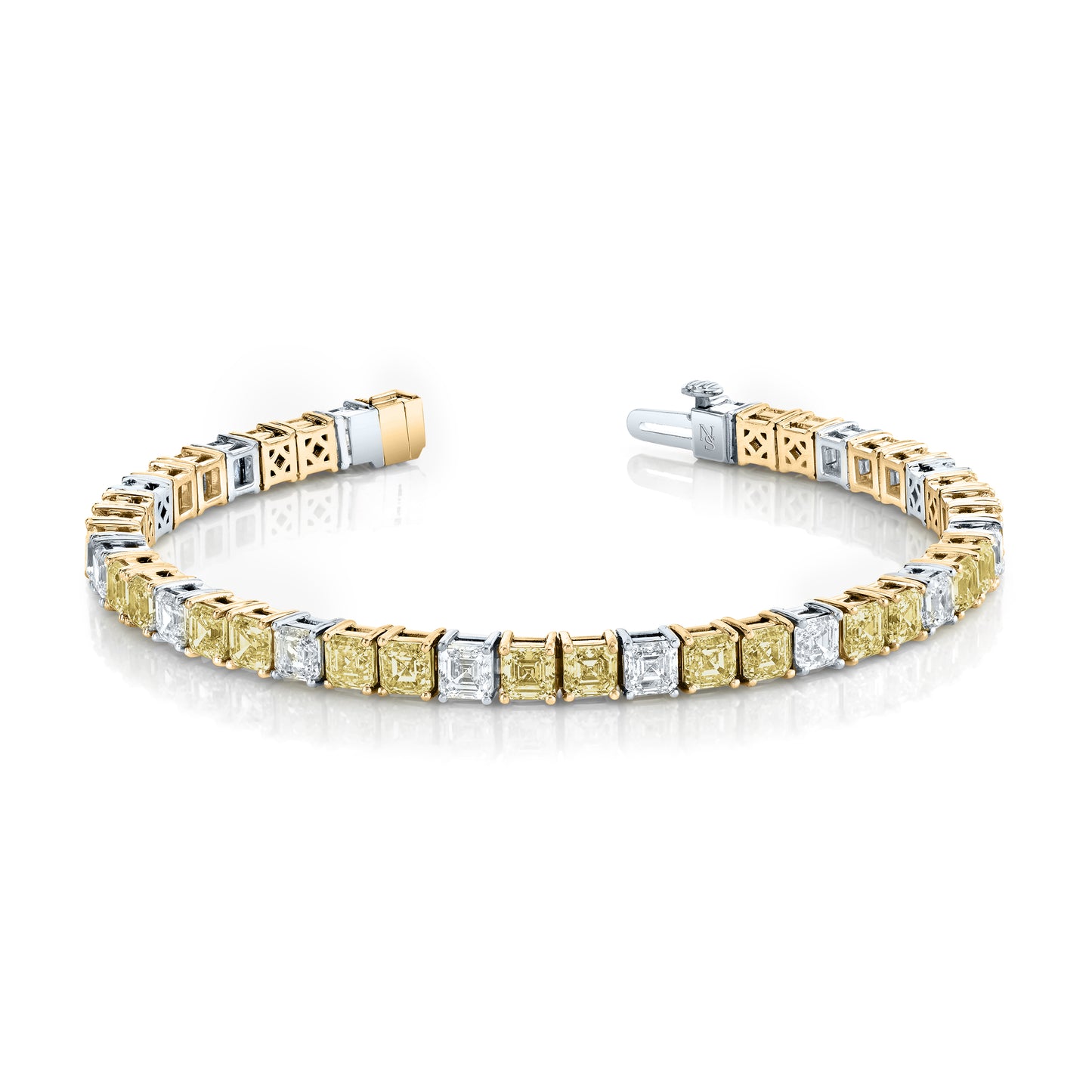 Alternating Fancy Yellow Diamond Bracelet featuring white and yellow gold and white and yellow asscher shaped diamonds.