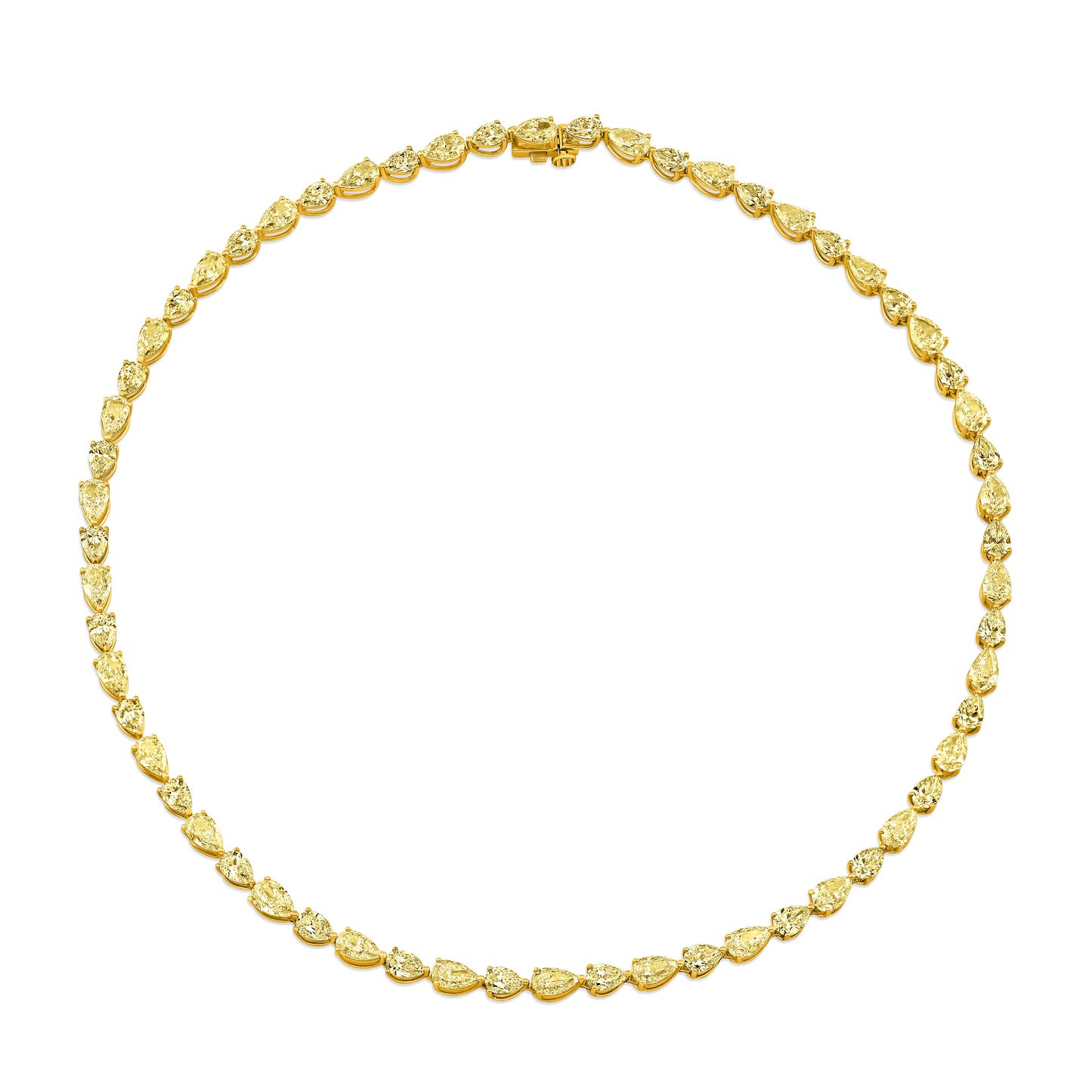 Yellow diamond pear shaped tennis necklace on a white background
