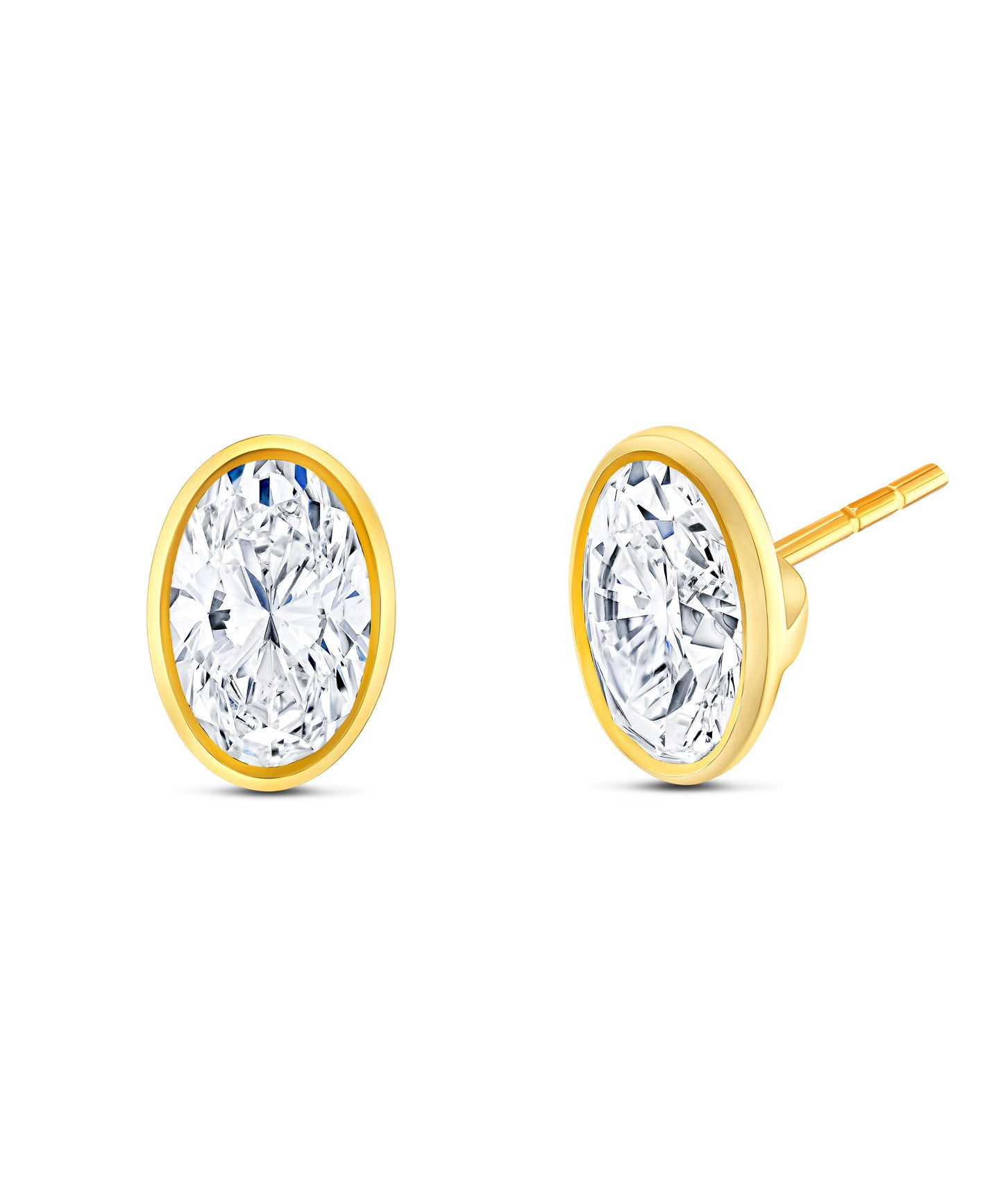 Gold stud earrings with oval bezel set diamonds