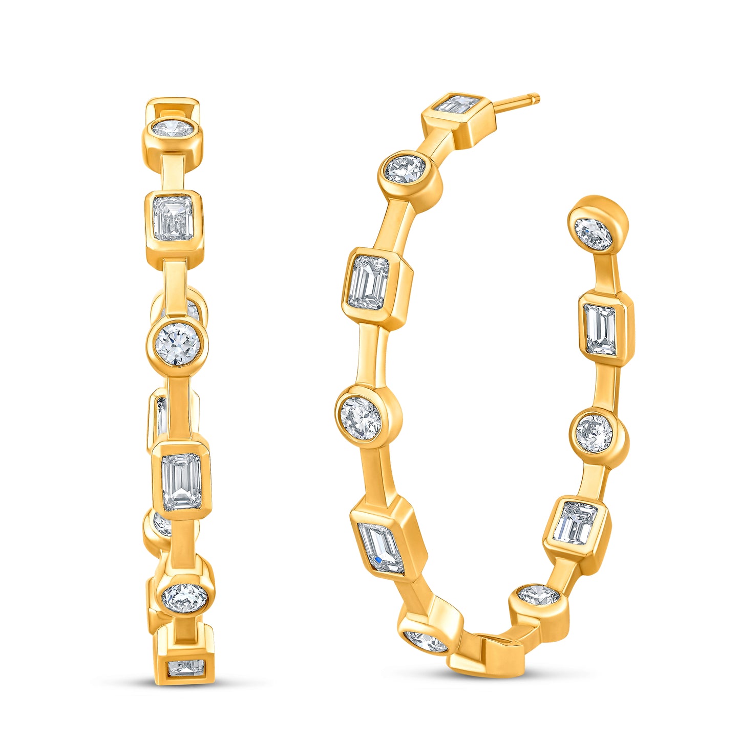 Mixed Round and Emerald Shape Diamond Hoop Earrings
