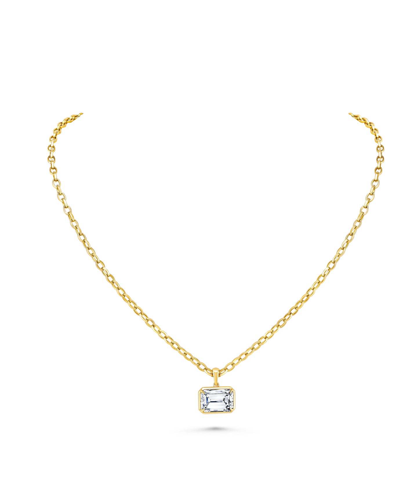 East West Bezel Prong Emerald Diamond Pendant on Chain