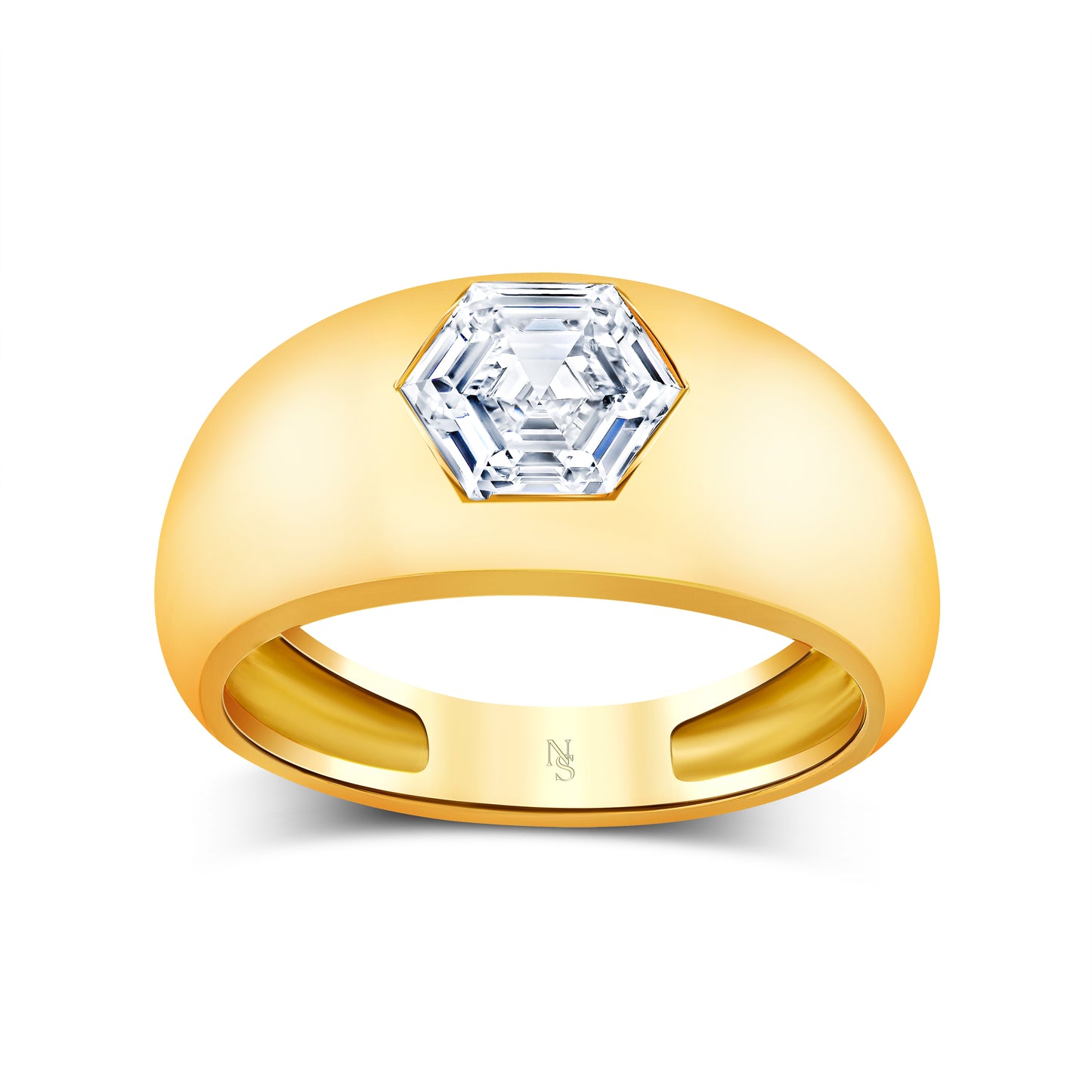 F23557 - Flush set yellow gold ring with hexagon diamond
