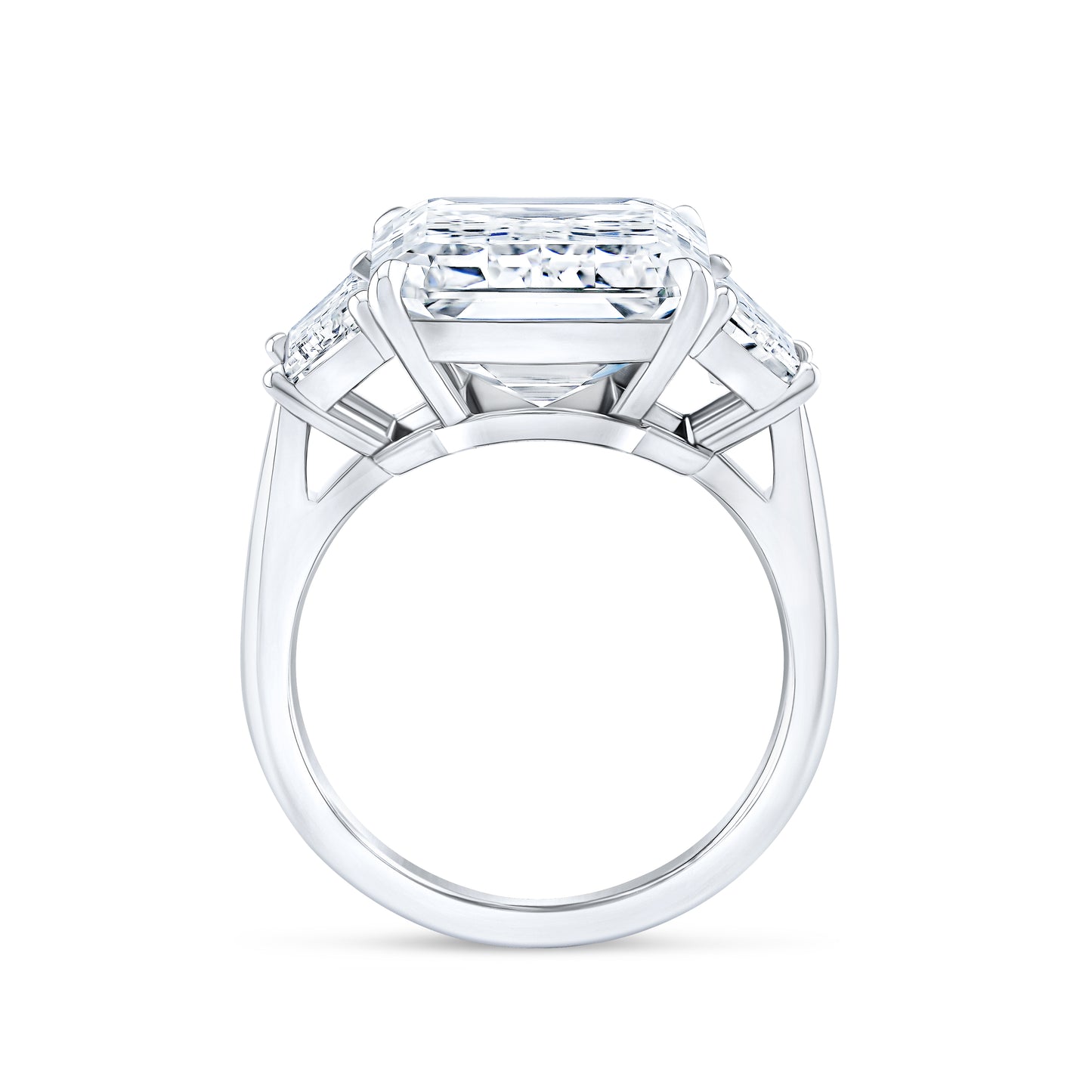 Emerald Cut Diamond Three-Stone Ring with Trapezoid Accents