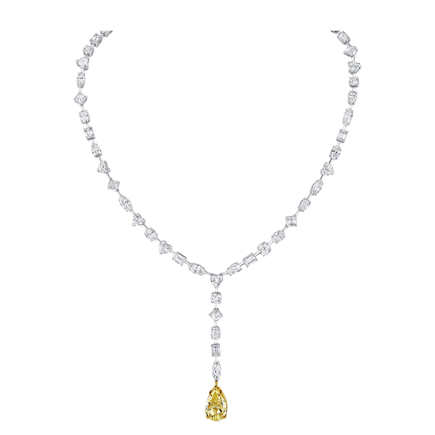 A lariat necklace featuring multiple clear diamonds along the chain and a large fancy yellow pear diamond drop.
