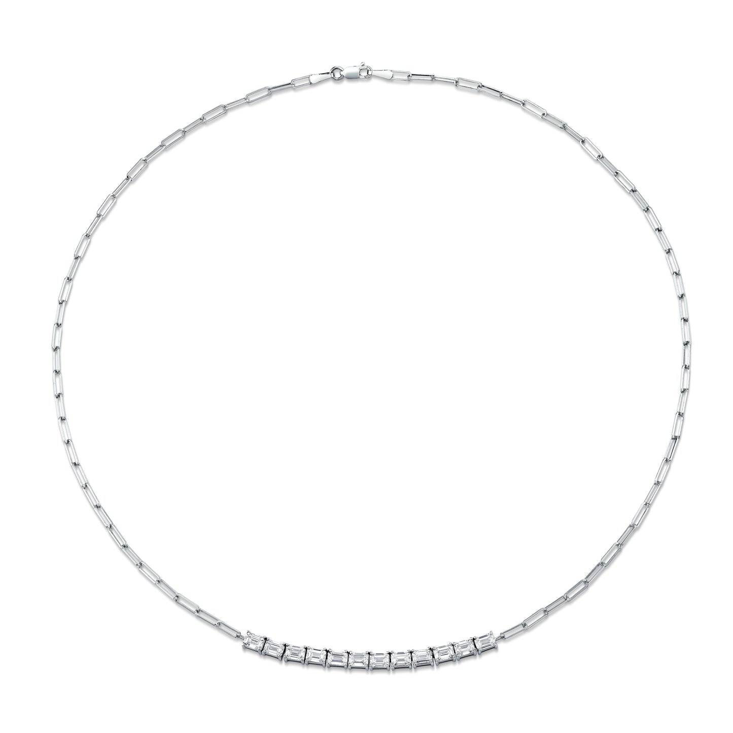 Floating East West Emerald Cut diamond Pendant on Paperclip Chain