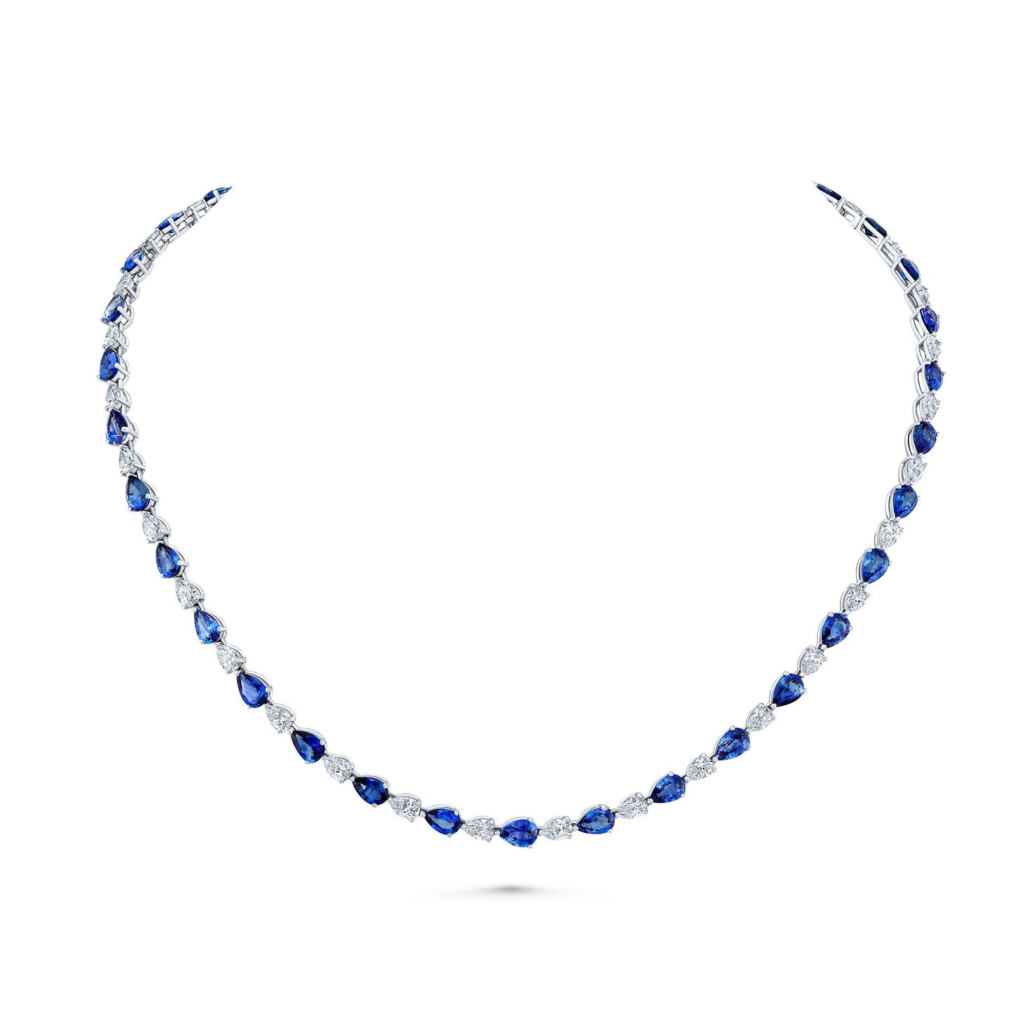 East West Alternating Pear Blue Sapphire and Diamond Necklace