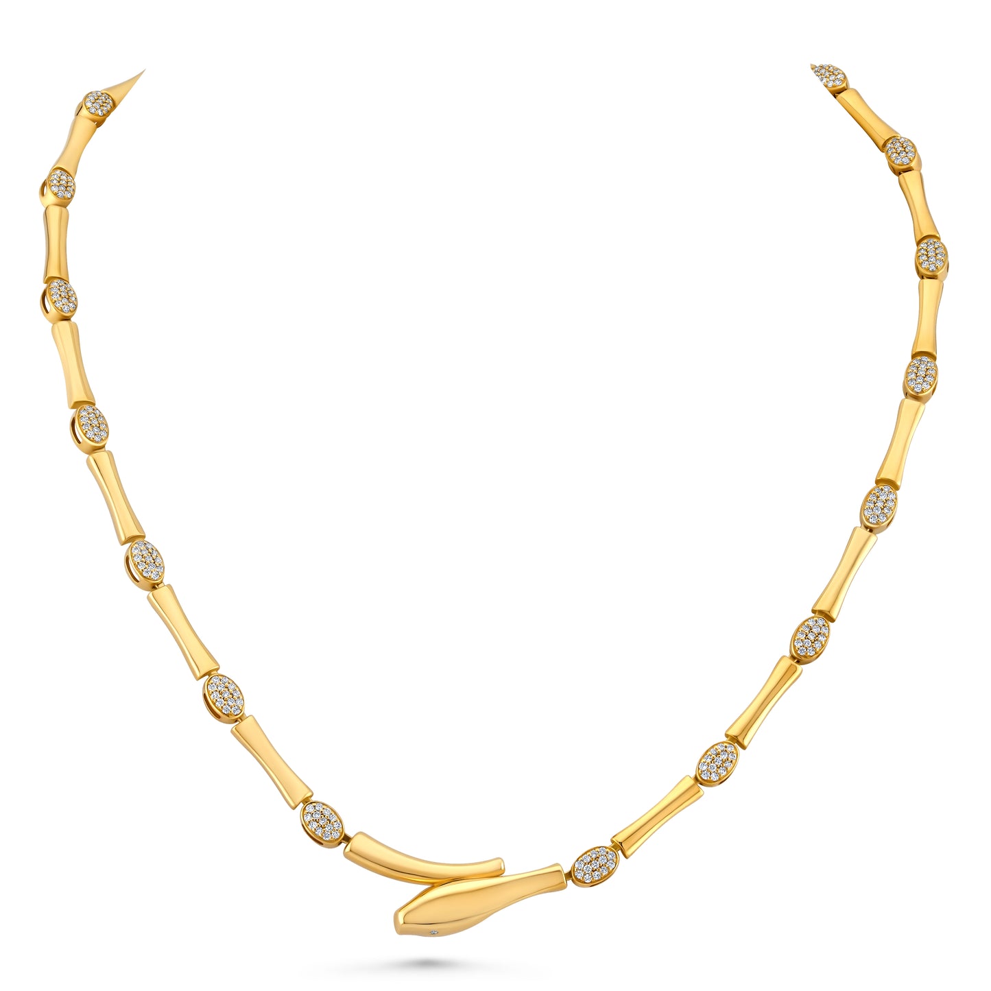 Bamboo Link Snake Necklace with Pave Diamond Stations