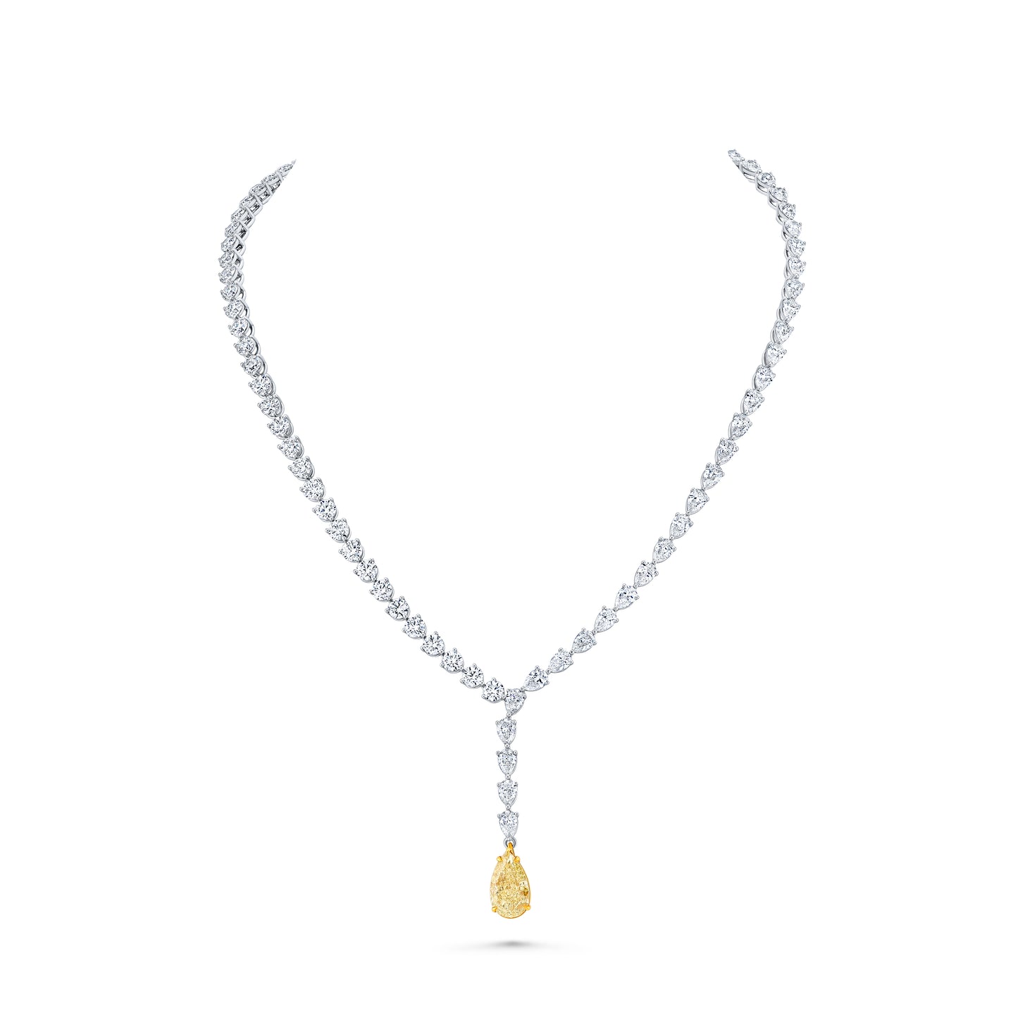 Diamond necklace with a fancy yellow pear-shaped drop pendant.