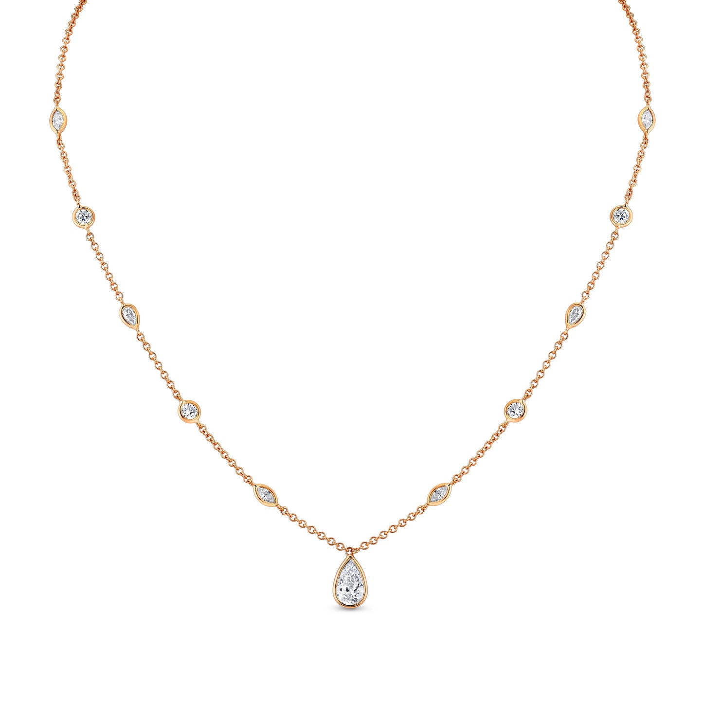 Station Necklace with Pear Shape Diamond Pendant