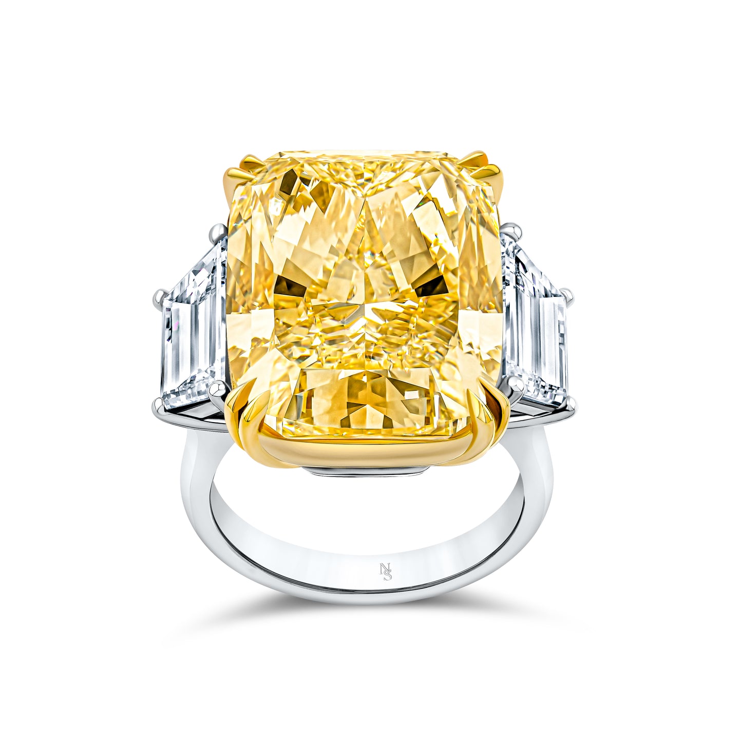 Large fancy yellow gemstone with clear diamonds on the sides.