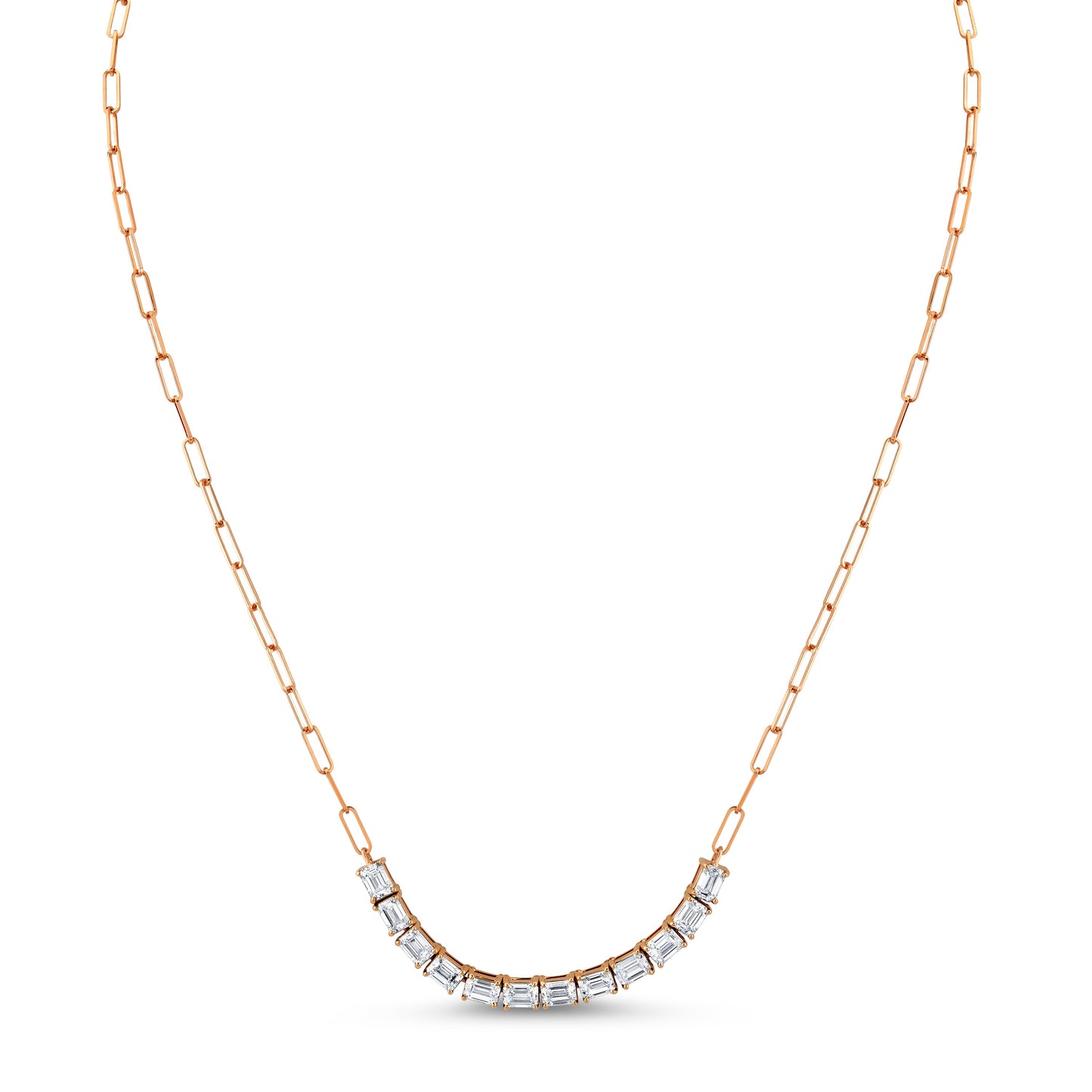 Floating East West Emerald Cut diamond Pendant on Paperclip Chain