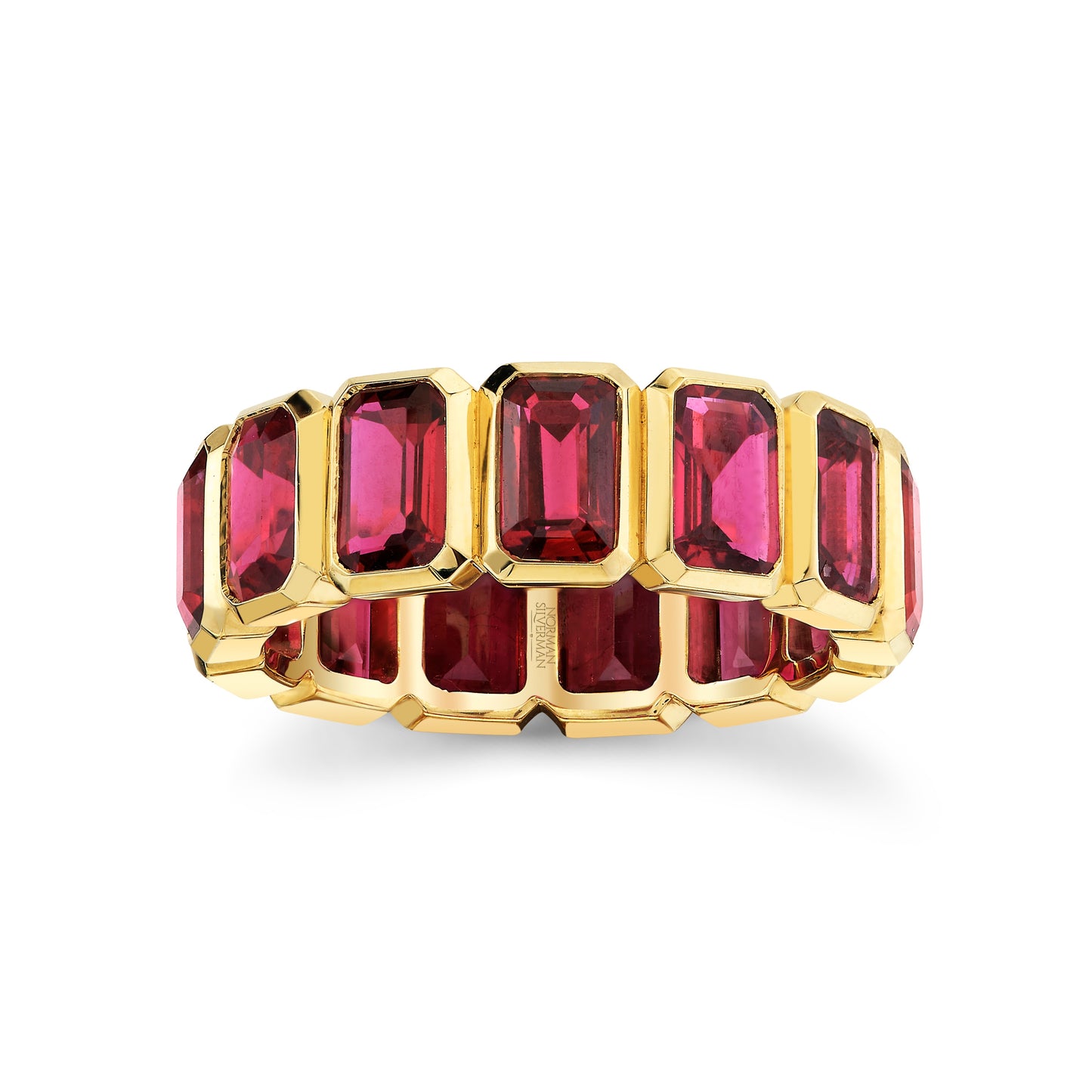 Emerald Cut Ruby Bezel Set Eternity Band