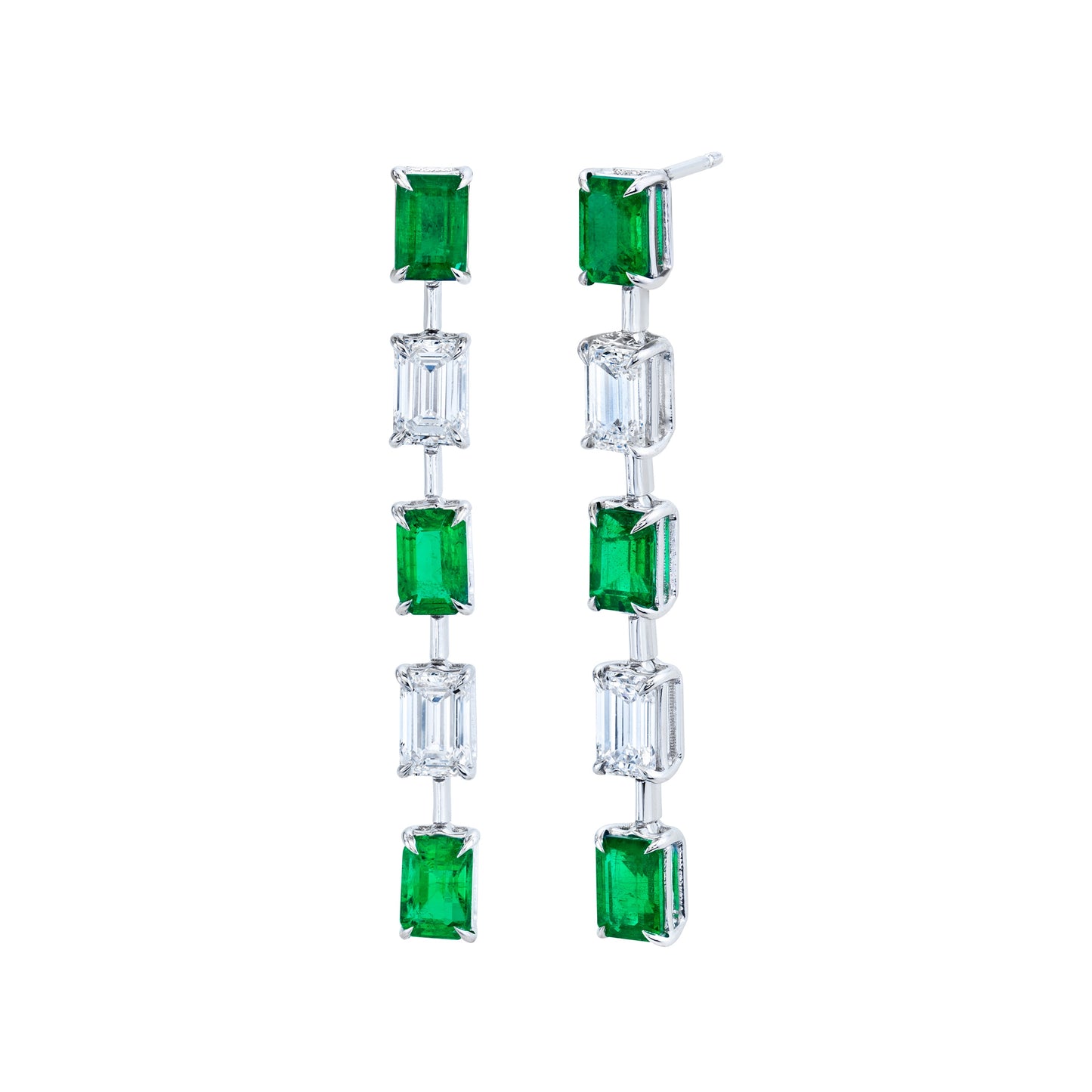 Green Emeralds and Emerald-cut Diamond Earrings