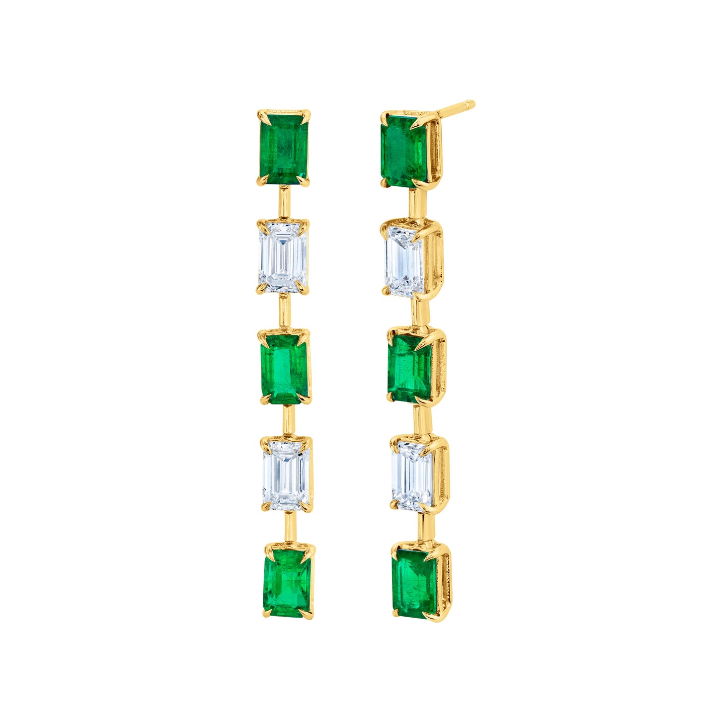 Green Emeralds and Emerald-cut Diamond Earrings