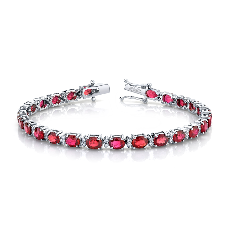 Oval Shape Ruby and Round Brilliant Straight Line Bracelet