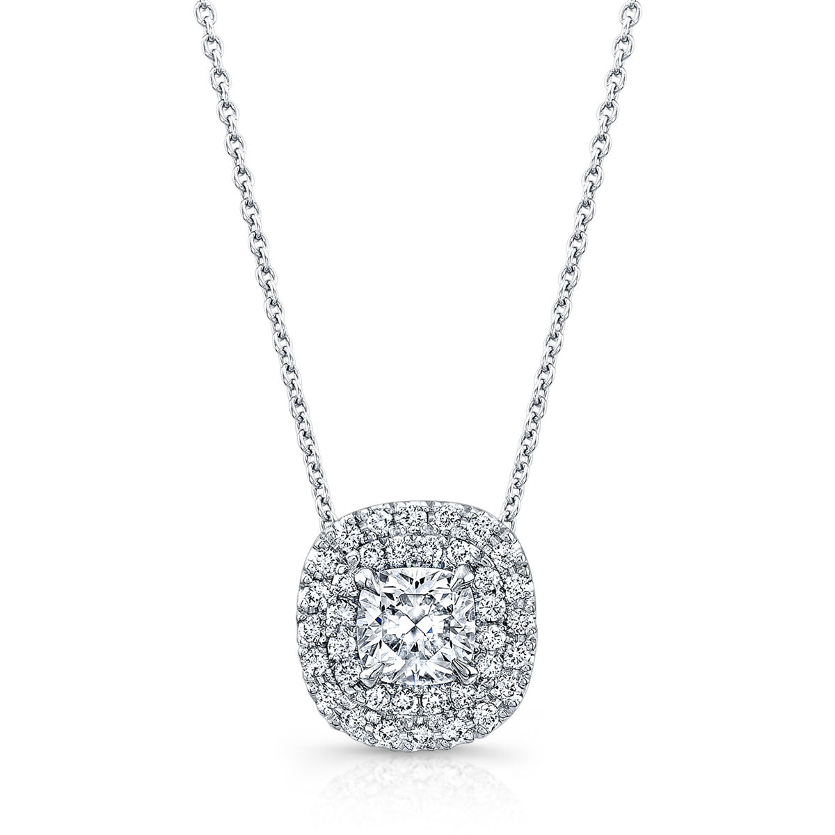 Petite 18k White Gold Cushion Cut Double Halo Pendant