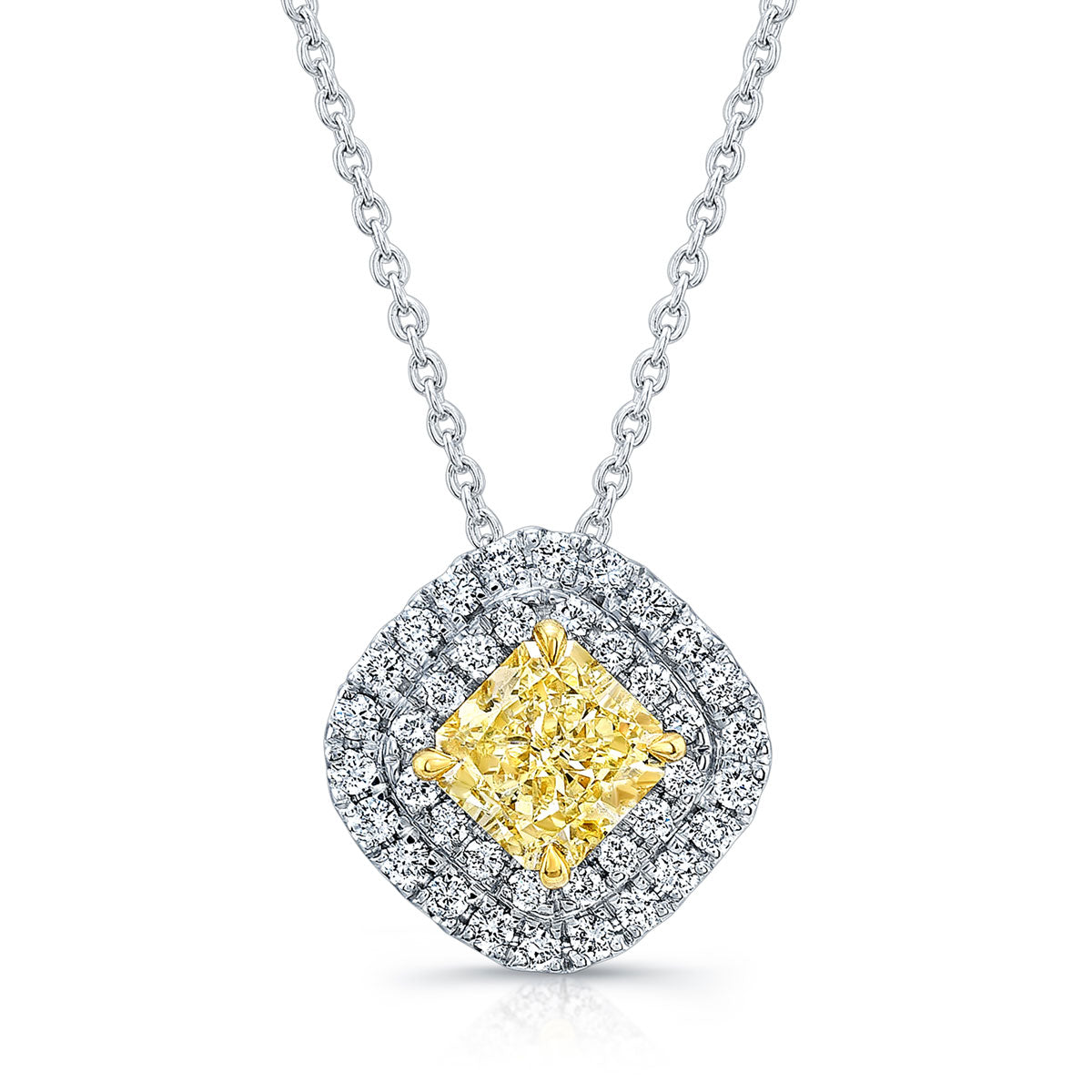 White Gold Double Halo Pavé Yellow Radiant Cut Diamond Pendant