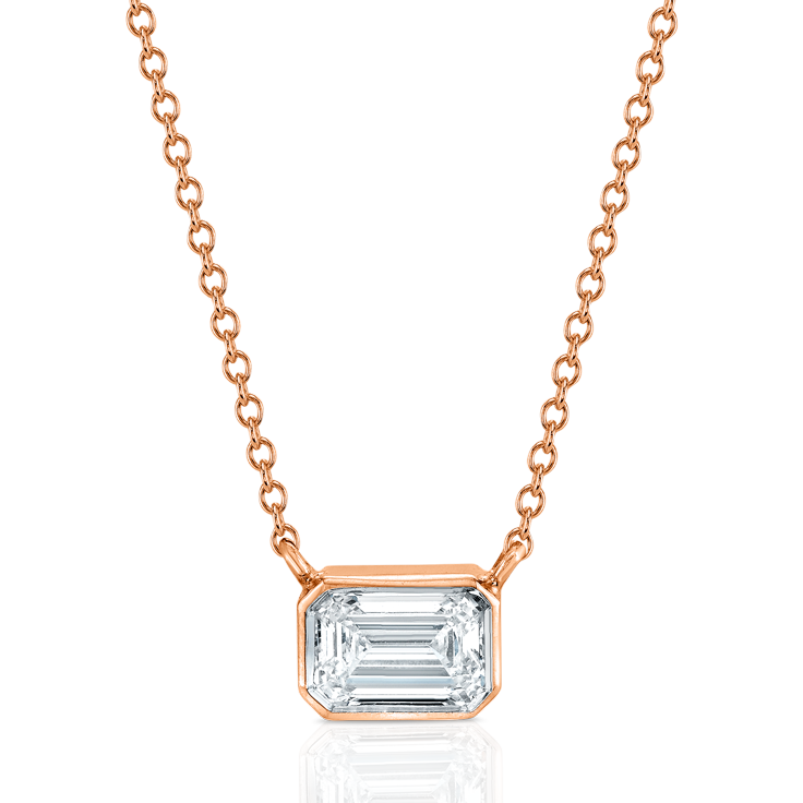 East West Emerald Cut Bezel Set Pendant with Cable Chain