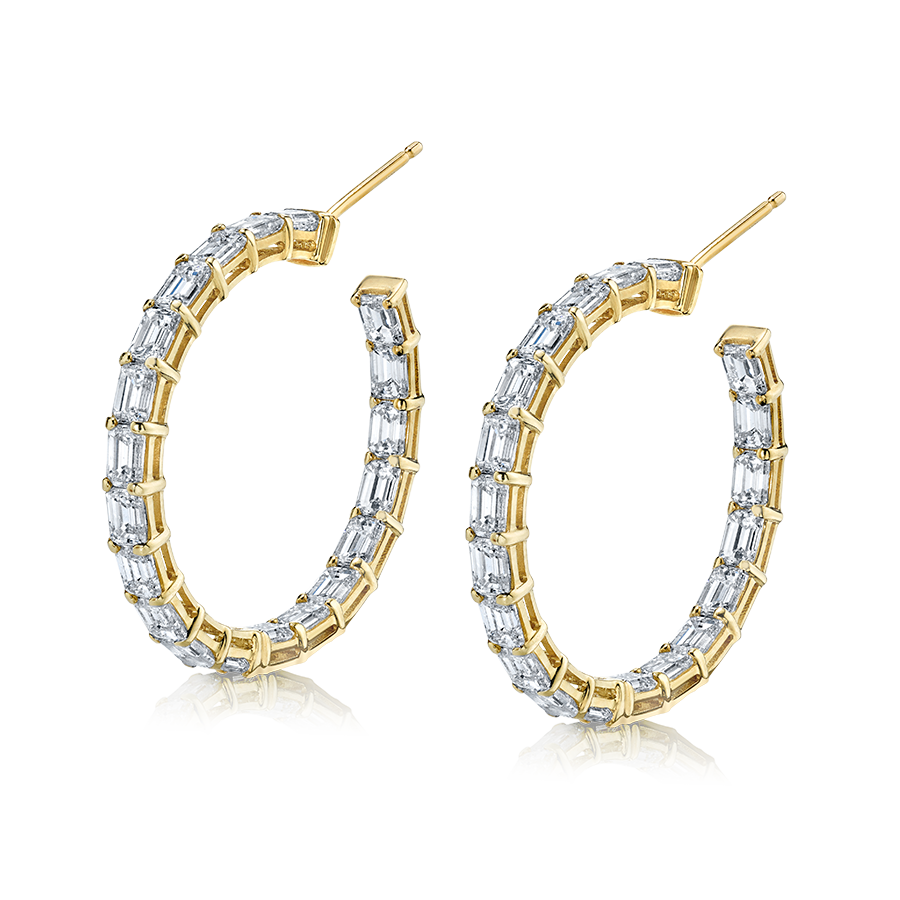 Signature Emerald Cut Diamond Hoops In Yellow Gold