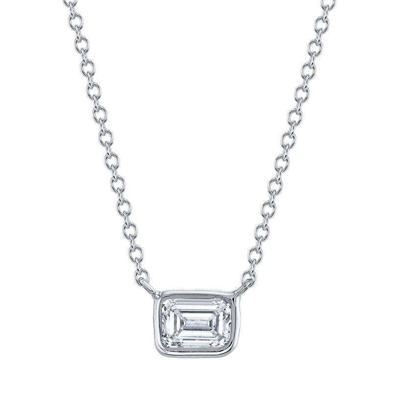 East West Emerald Cut Bezel Set Pendant with Cable Chain