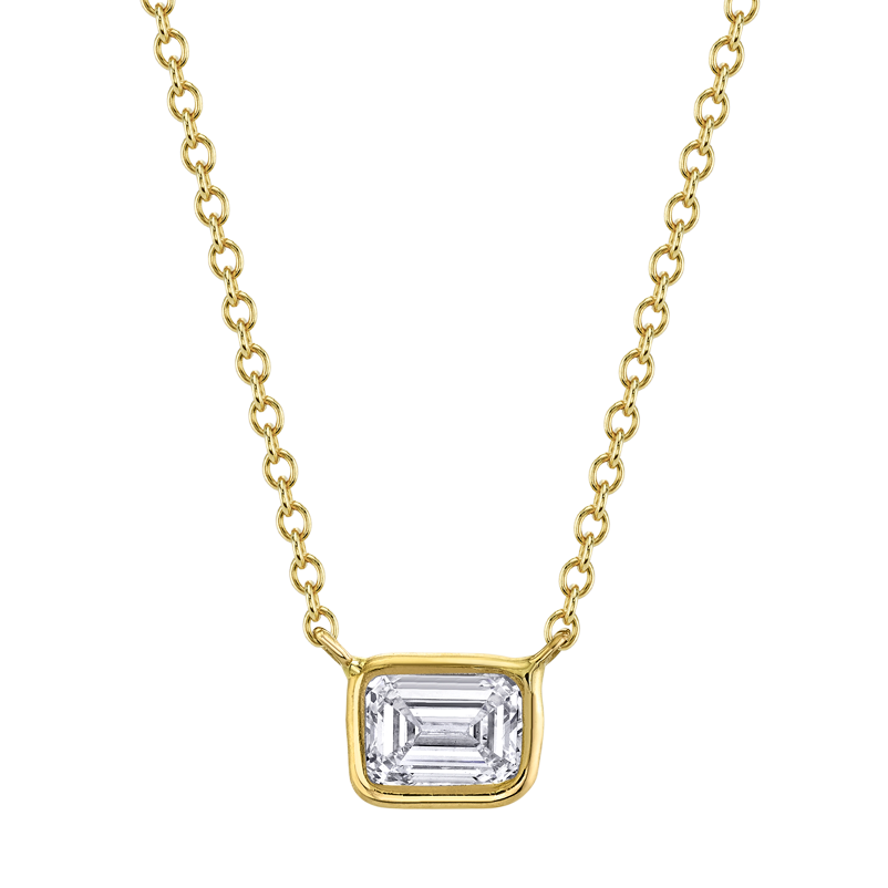 East West Emerald Cut Bezel Set Pendant with Cable Chain