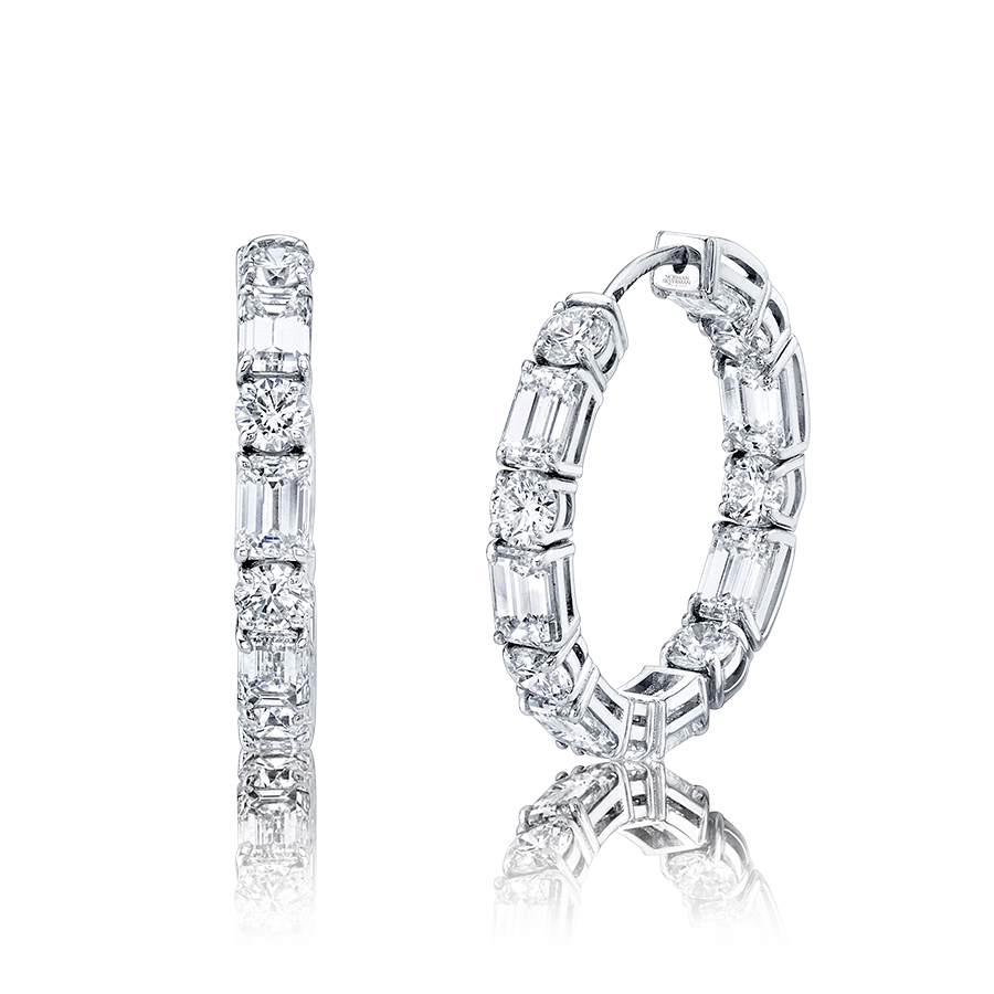 East West Mixed Shape - Emerald Cut and Round Brilliant Hoop Earrings