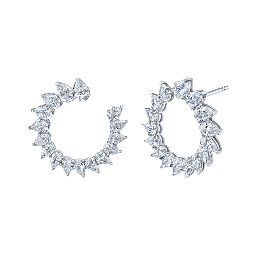 Sunburst Open Face Pear Diamond Hoops - Large