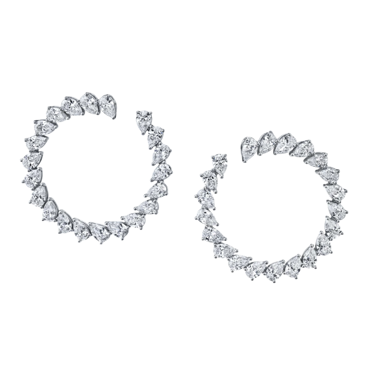 A pair of large 18k white gold hoop earrings with pear shaped diamonds set in a 3-prong arrangement.