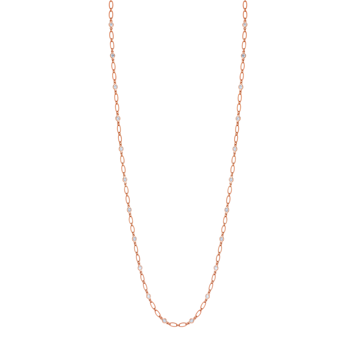 Long round diamond station necklace in rose gold