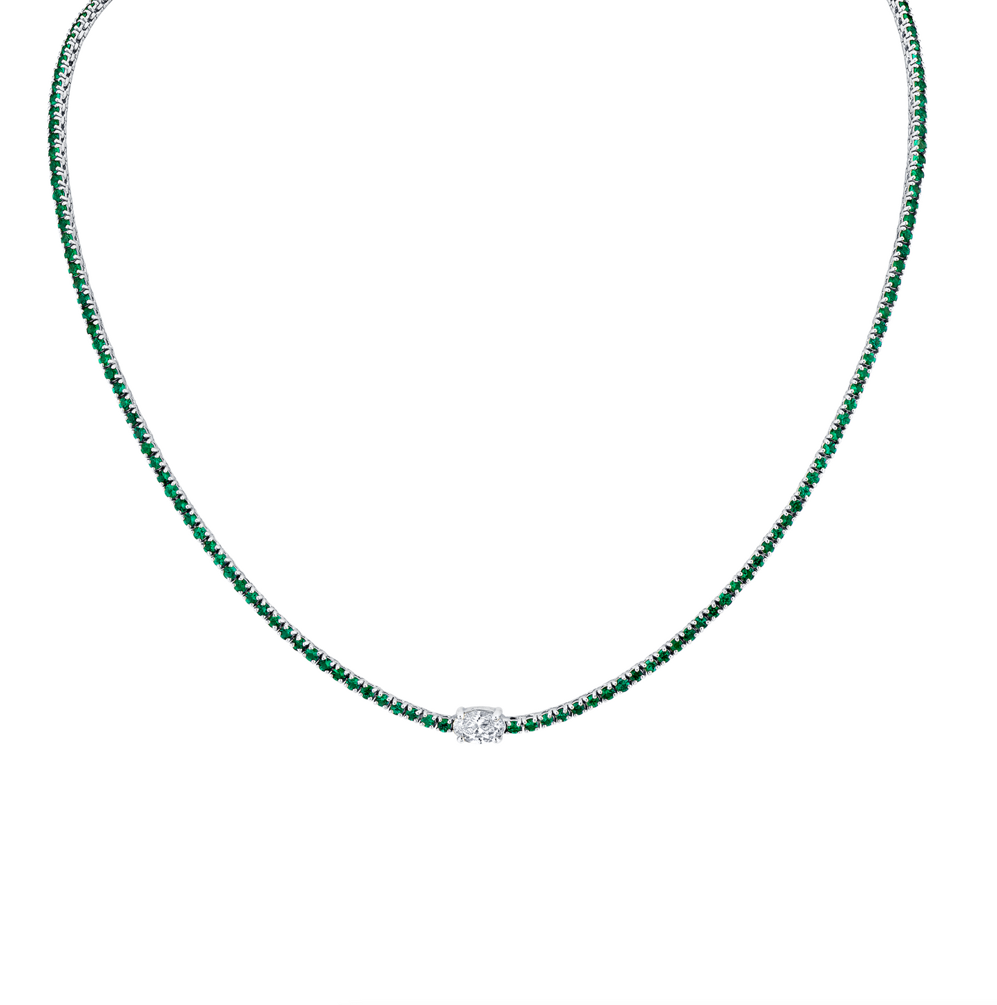 5.49 Carat 18k White Gold Green Emerald Oval Center Stone Necklace