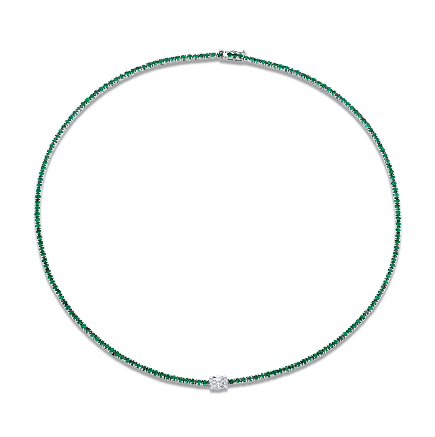 5.49 Carat 18k White Gold Green Emerald Oval Center Stone Necklace