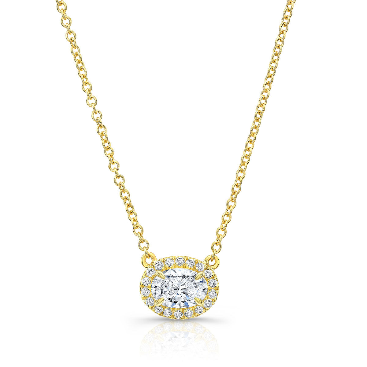 An 18k yellow gold pavé oval cut diamond pendant on a 16-inch chain by Norman Silverman.