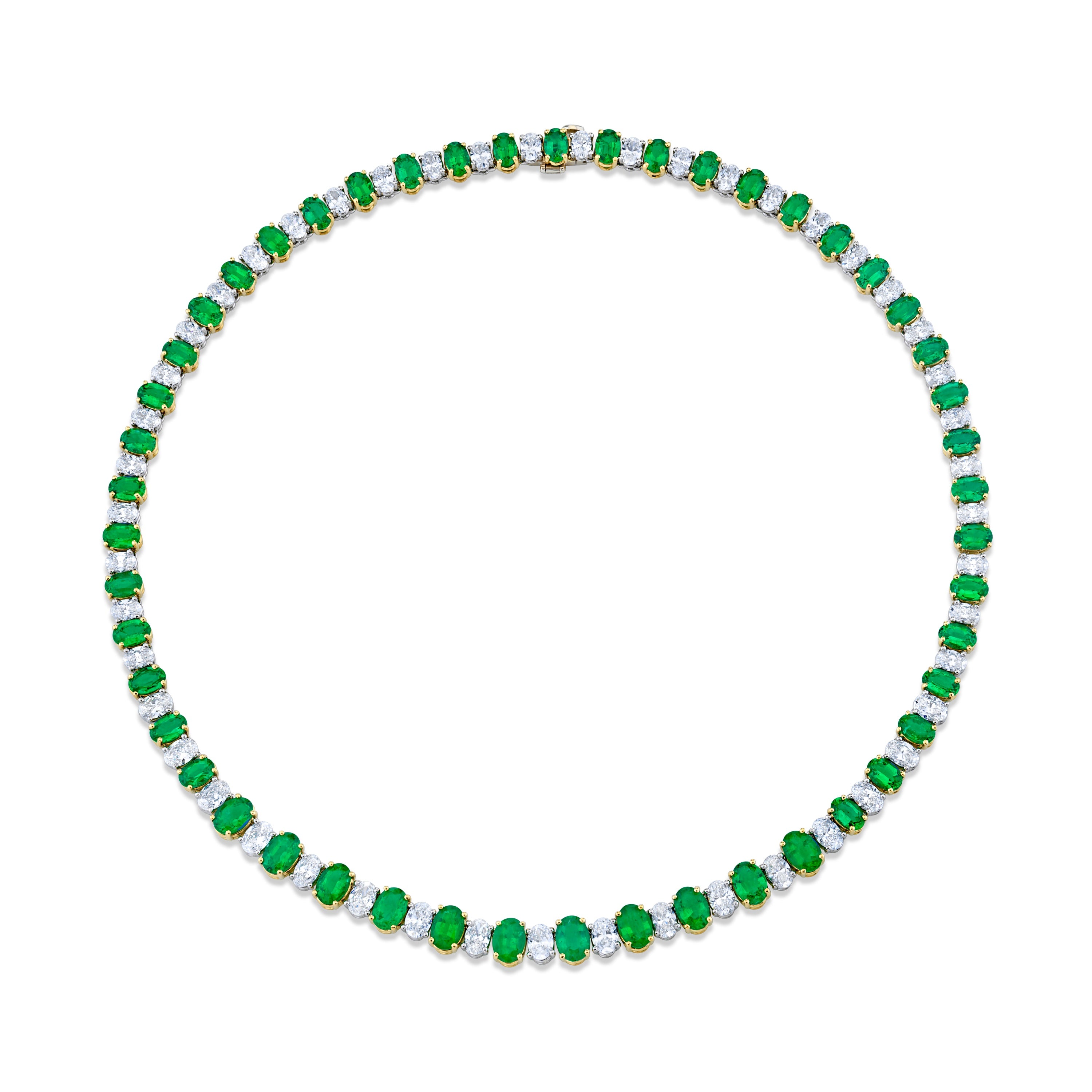 Alternating Oval Diamonds and Green Emeralds Necklace Norman Silverman