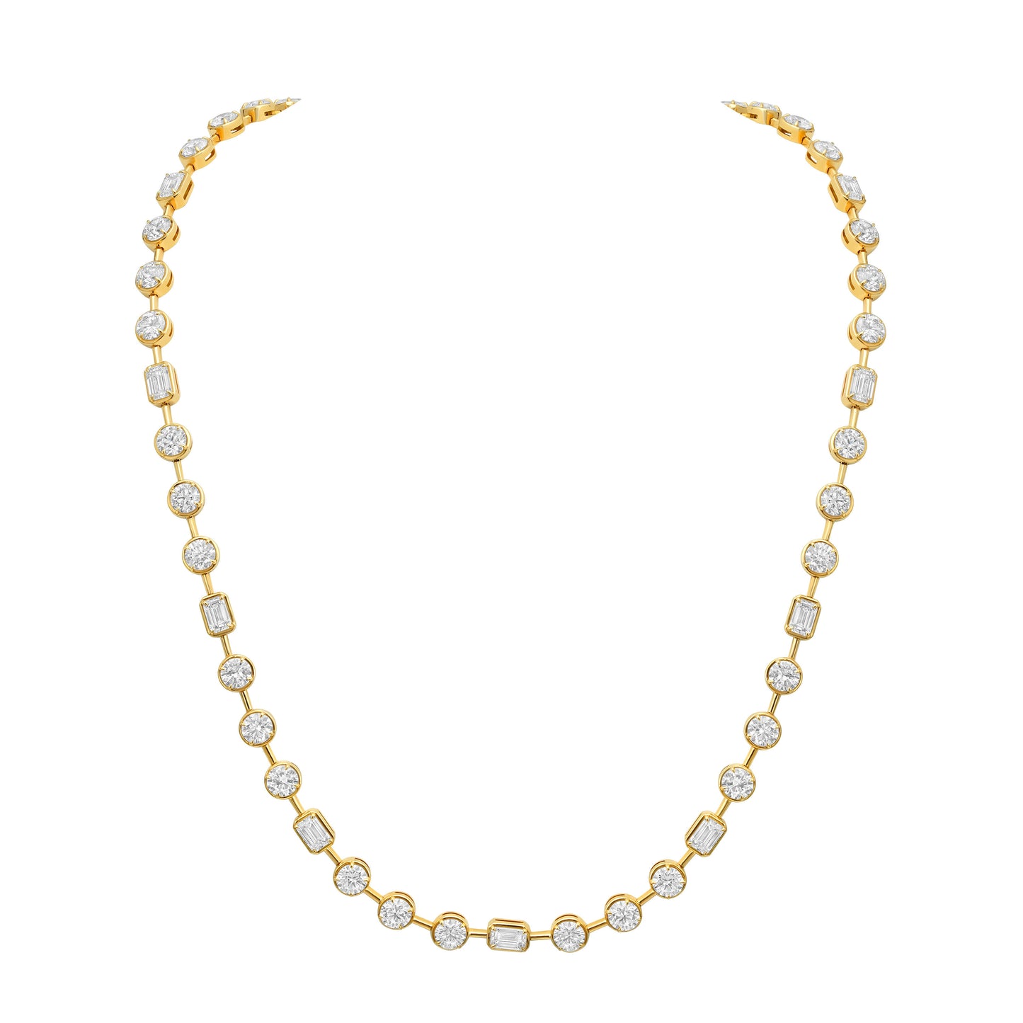 18k Yellow Gold Bezel Necklace with Emerald-cut and Round Brilliant cut Diamonds