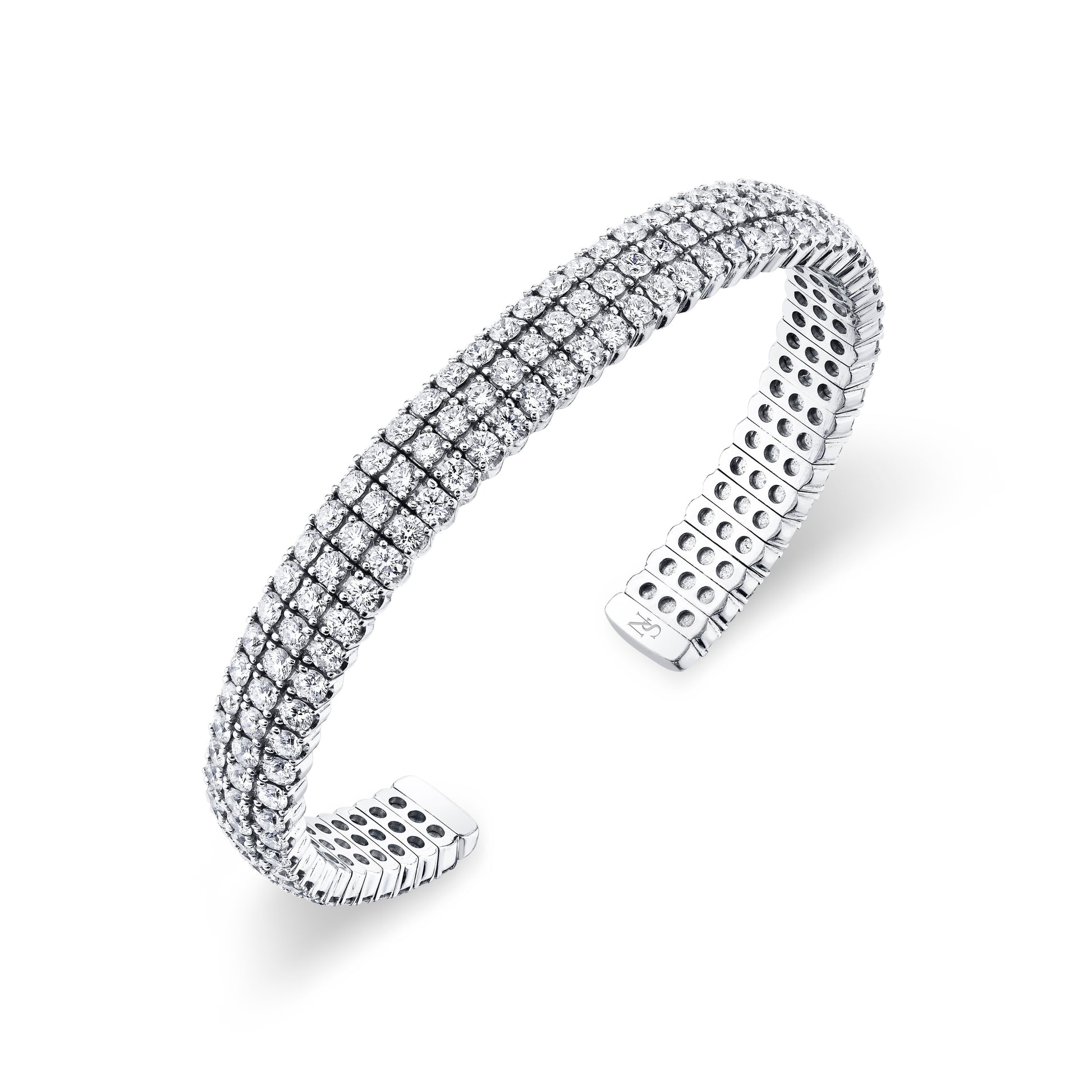 Dainty and chic flexible open cuff halo bangle bracelet is set with  simulated diamonds and simulated opals in sterling silver bonded with  platinum - Diamond & Design