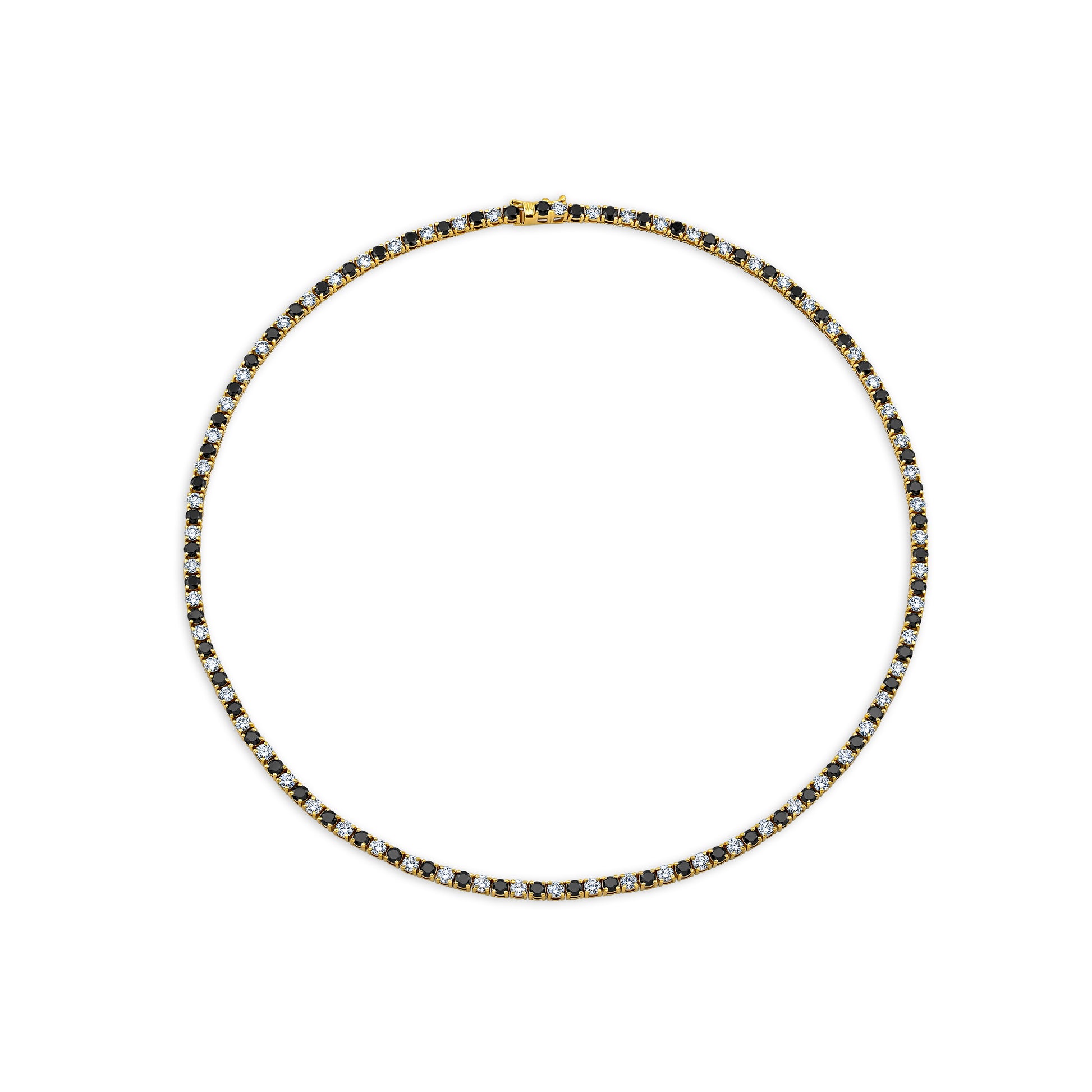 Alternating White and Black Diamond Necklace set in yellow gold