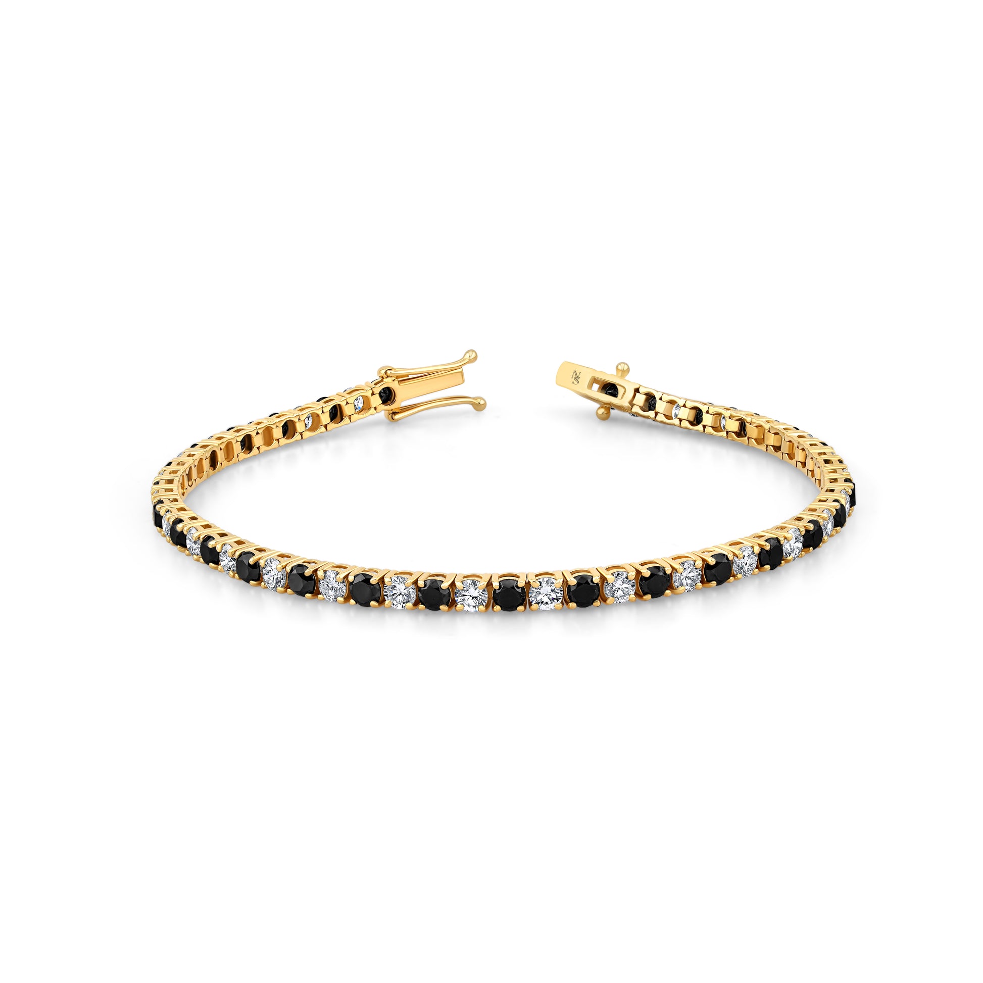 Gold tennis bracelet with black gemstones  and white diamonds.
