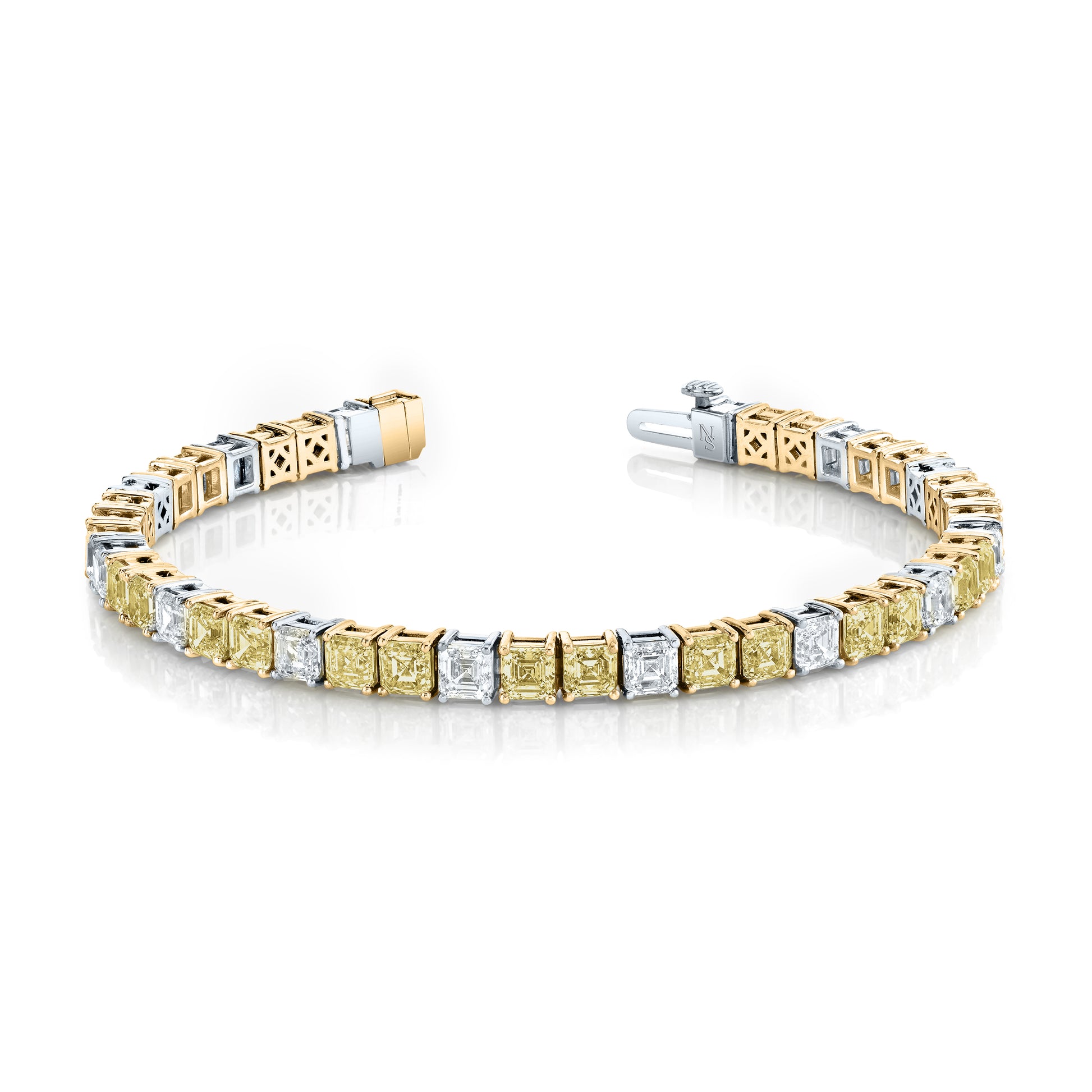 Alternating Fancy Yellow Diamond Bracelet featuring white and yellow gold and white and yellow asscher shaped diamonds.