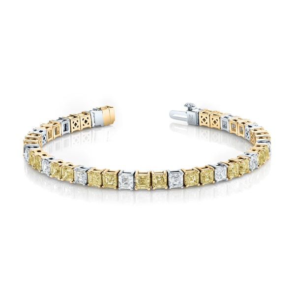 Alternating Fancy Yellow Diamond Bracelet featuring white and yellow gold and white and yellow asscher shaped diamonds.