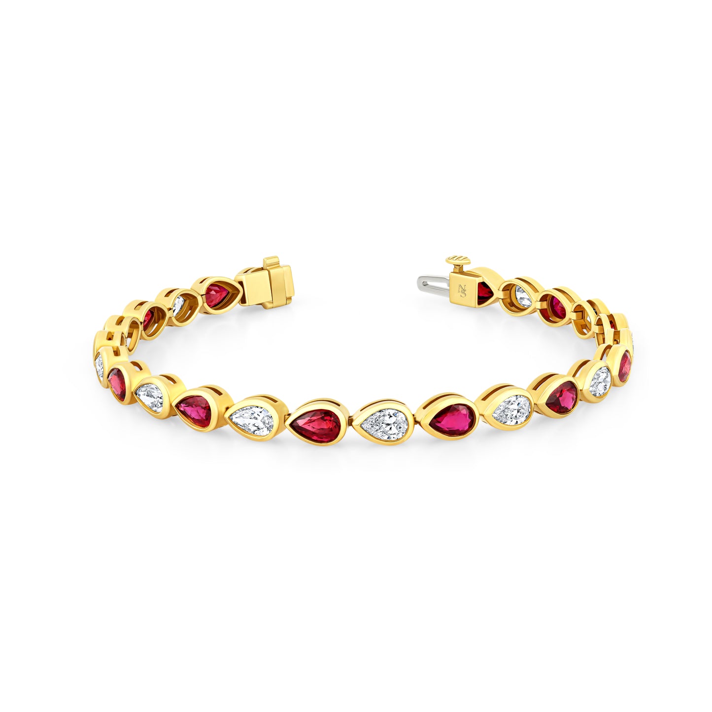 Ruby and Diamond Sideways Pear Bezel Set Bracelet