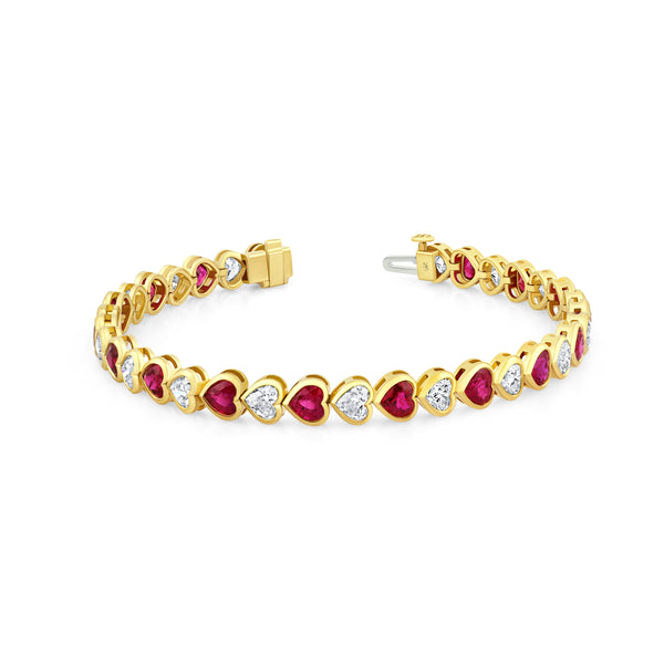 Ruby and Diamond Heart Bezel Set Bracelet