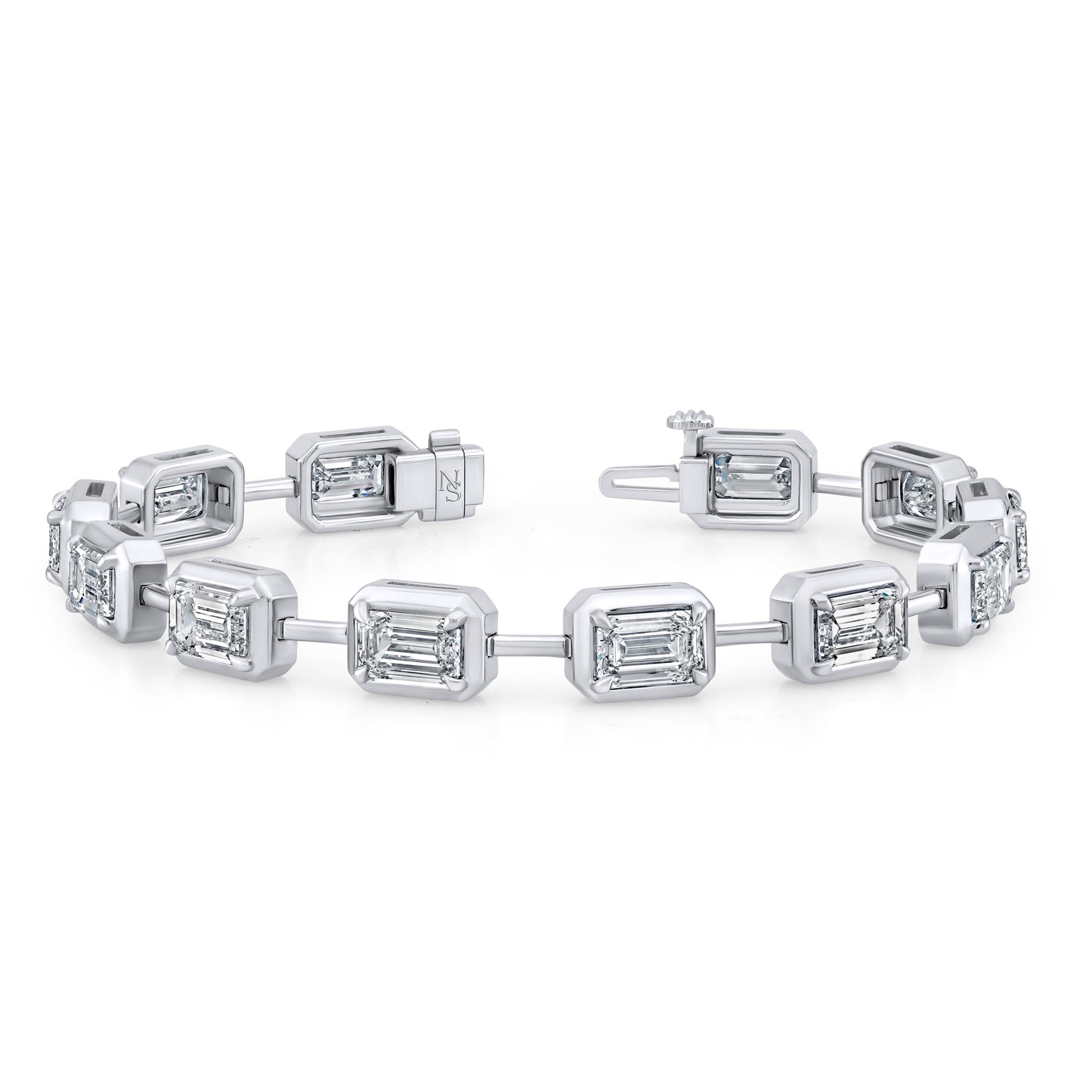 East West Emerald Cut Diamond Bezel Set Bar Bracelet