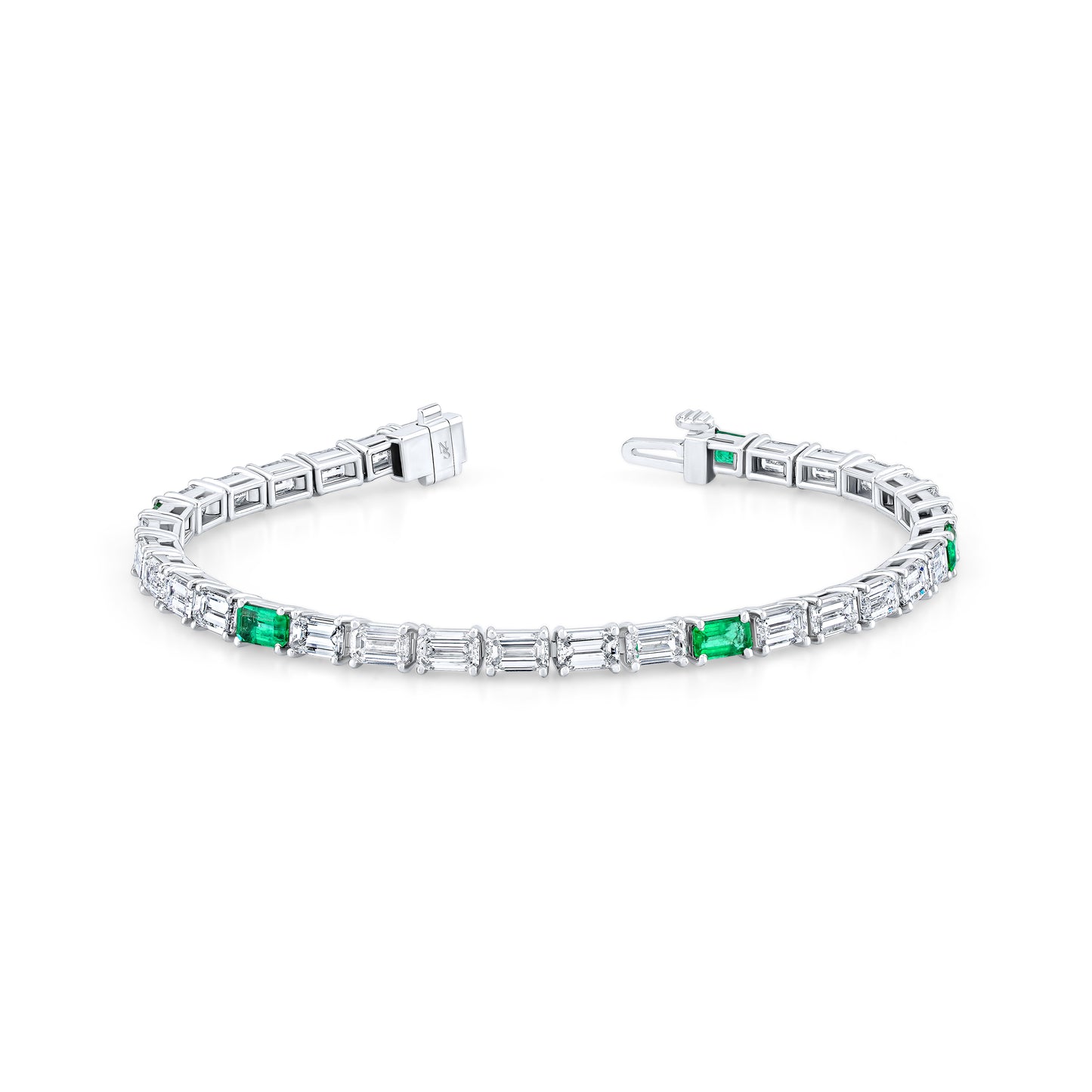 East West Emerald Cut Diamond Bracelet with Green Emerald Accents