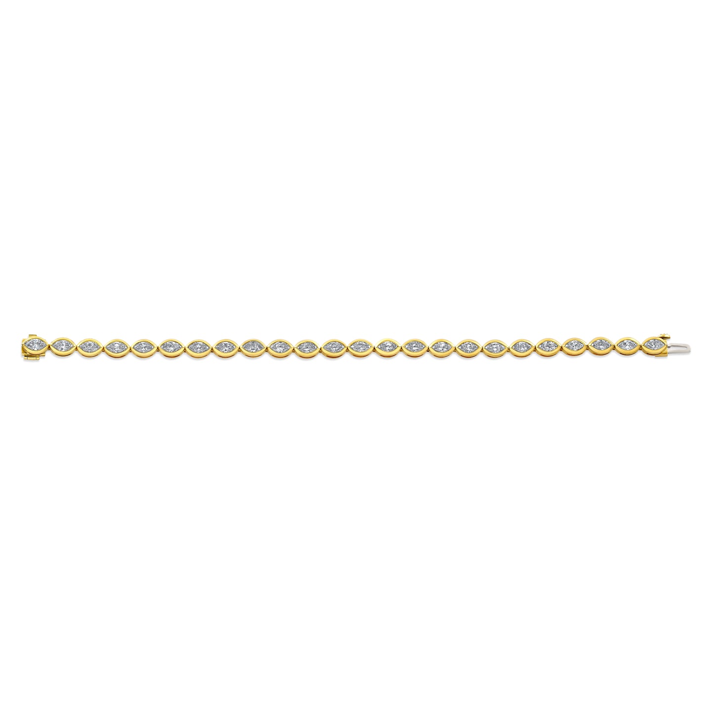 A bezel set marquise shaped diamond bracelet in 18k yellow gold.