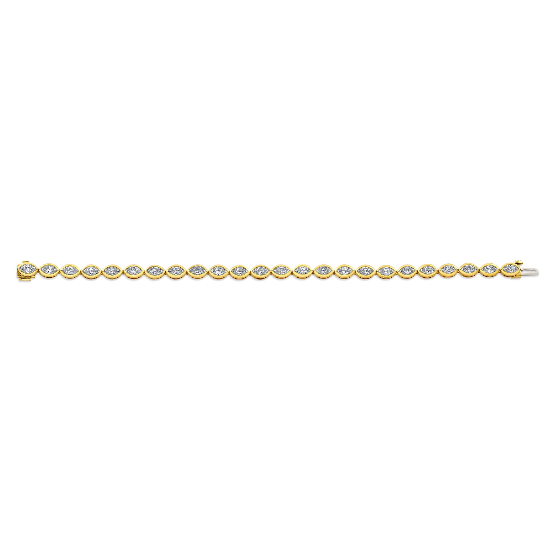 A bezel set marquise shaped diamond bracelet in 18k yellow gold.